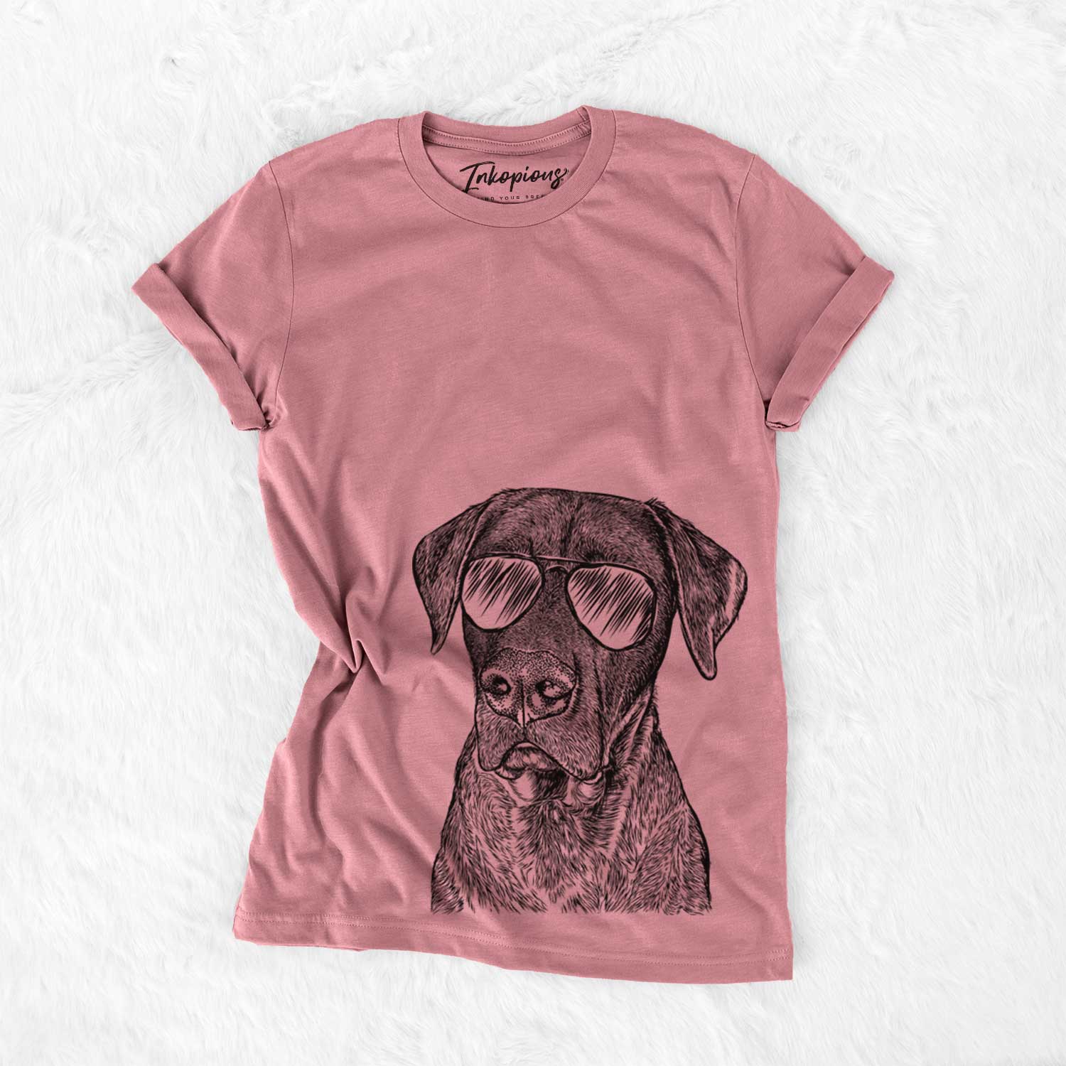 Hand-drawn sketch of David the Boxador wearing aviator sunglasses on a Mauve Unisex crewneck