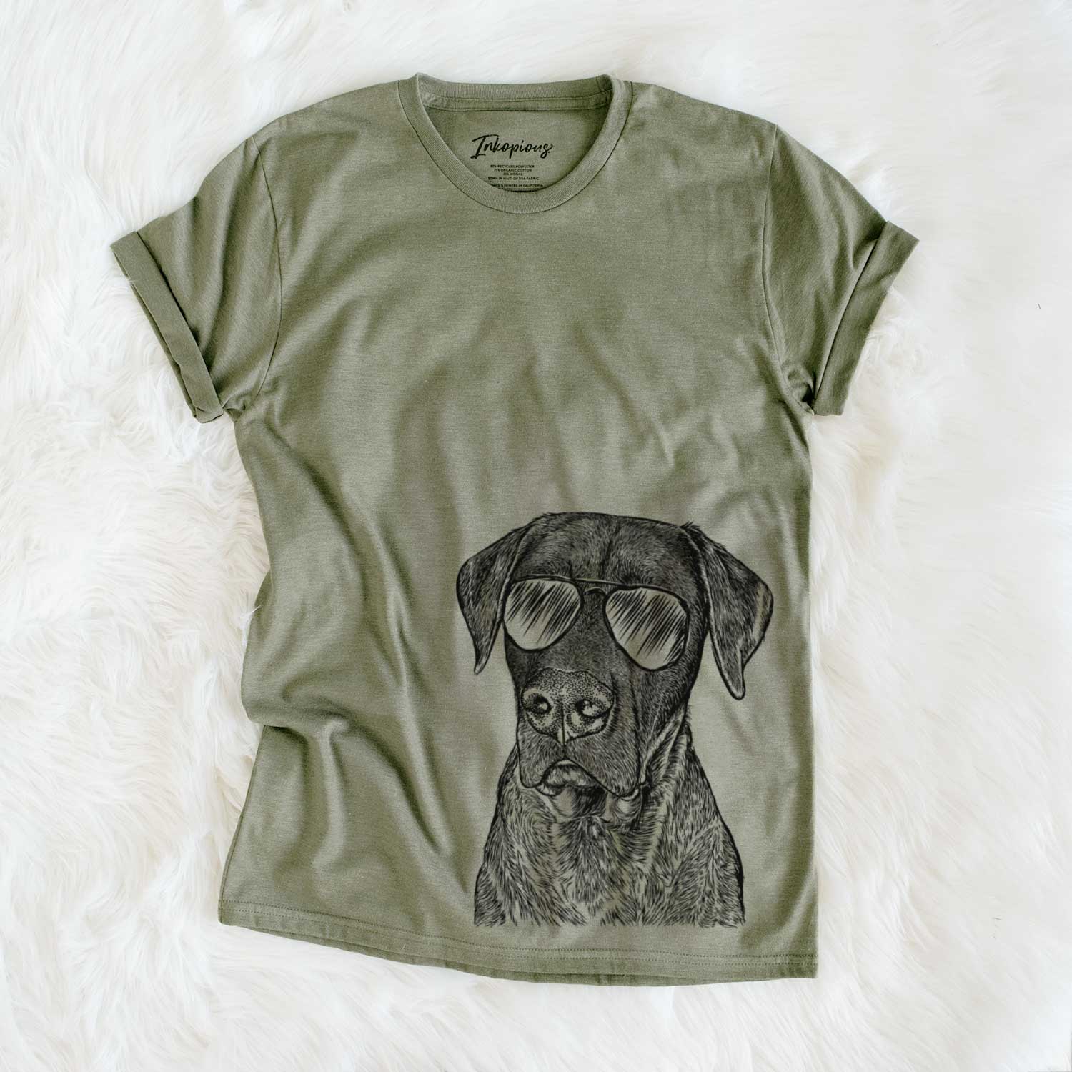 Hand-drawn sketch of David the Boxador wearing aviator sunglasses on an Olive Unisex crewneck