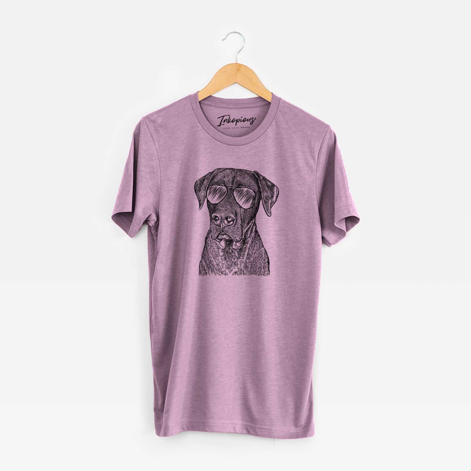 Hand-drawn sketch of David the Boxador wearing aviator sunglasses on an Orchid Unisex crewneck