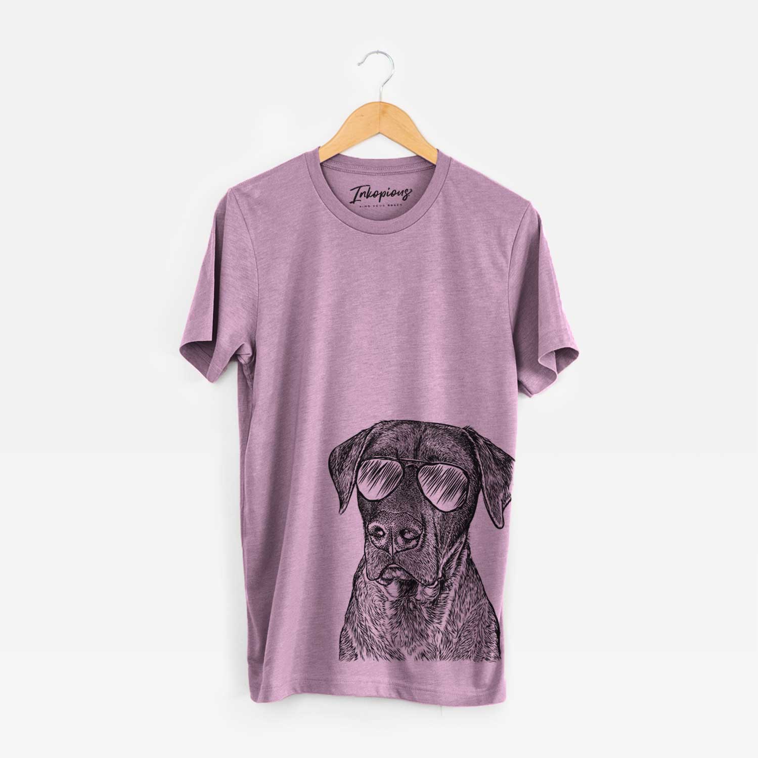 Hand-drawn sketch of David the Boxador wearing aviator sunglasses on an Orchid Bella Canvas Unisex Crewneck