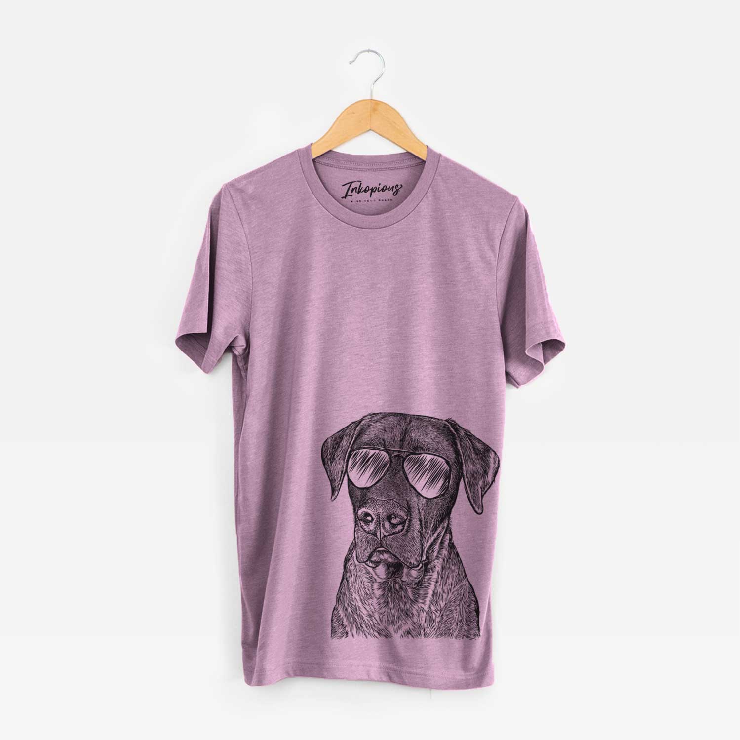 Hand-drawn sketch of David the Boxador wearing aviator sunglasses on an Orchid Unisex crewneck