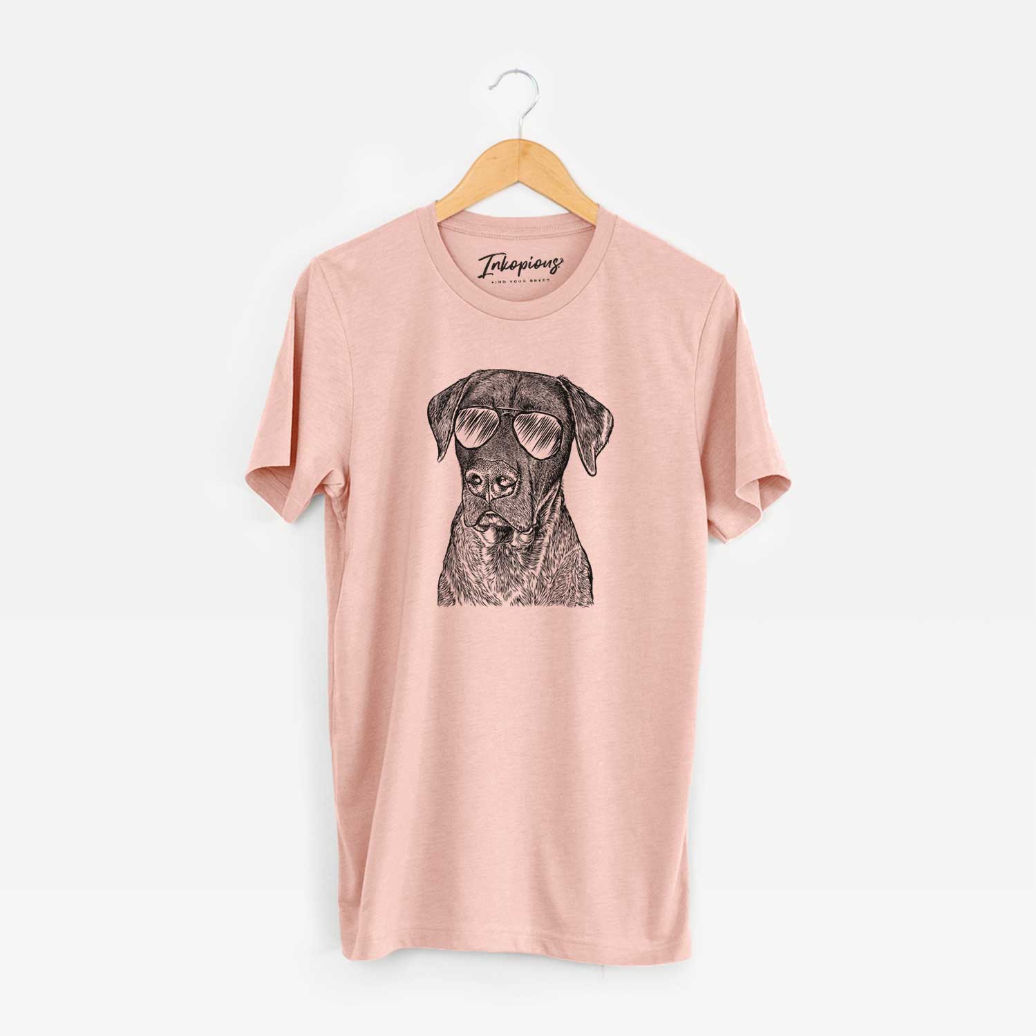 Hand-drawn sketch of David the Boxador wearing aviator sunglasses on a Peach Unisex crewneck