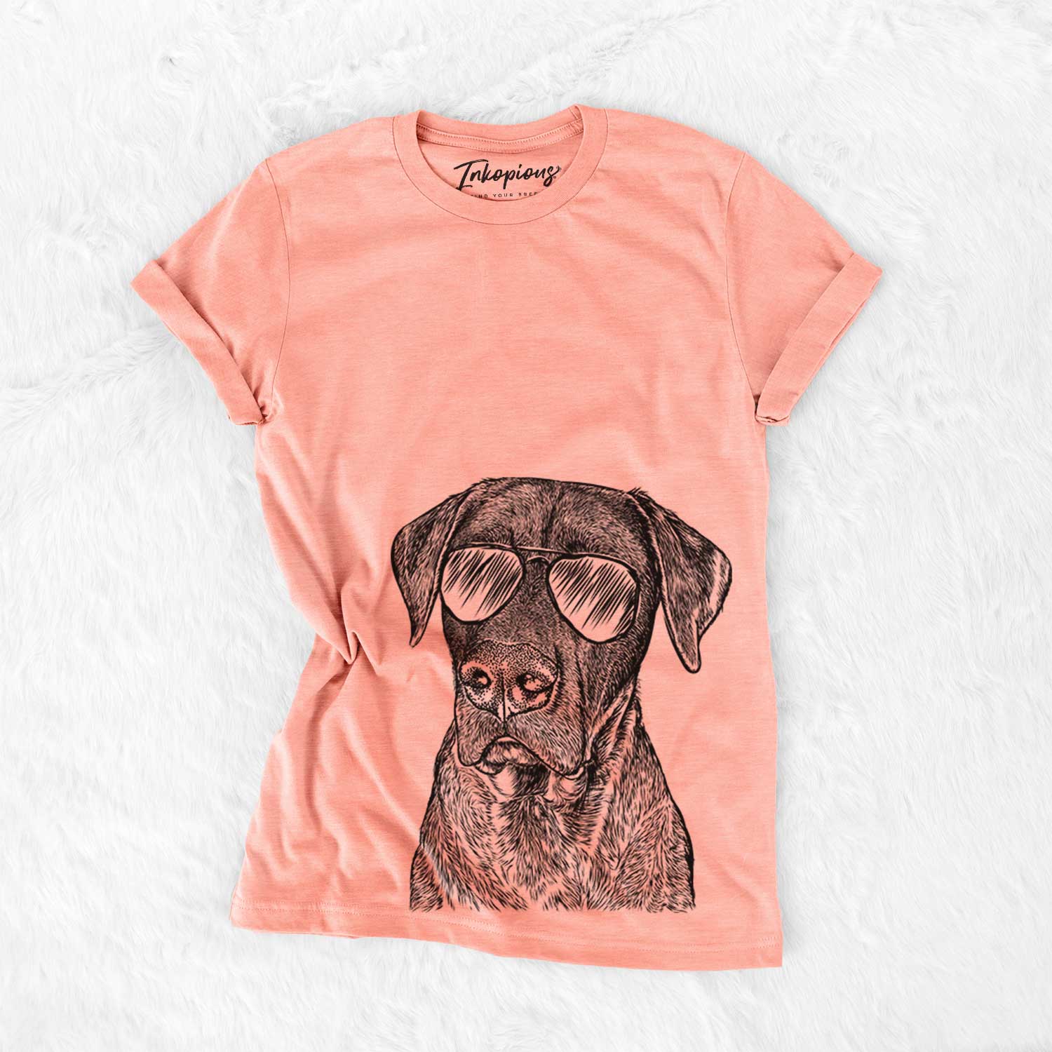 Hand-drawn sketch of David the Boxador wearing aviator sunglasses on a Sunset Bella Canvas Unisex Crewneck