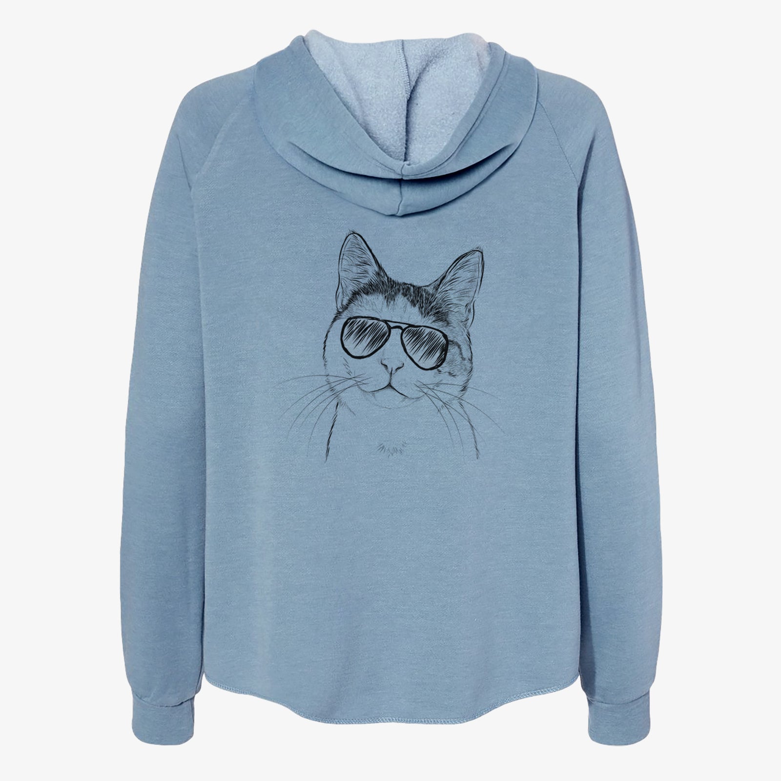 Hand-drawn sketch of Denver the Calico Cat wearing aviator sunglasses on a Misty Blue Women's cali wave zip-up sweatshirt