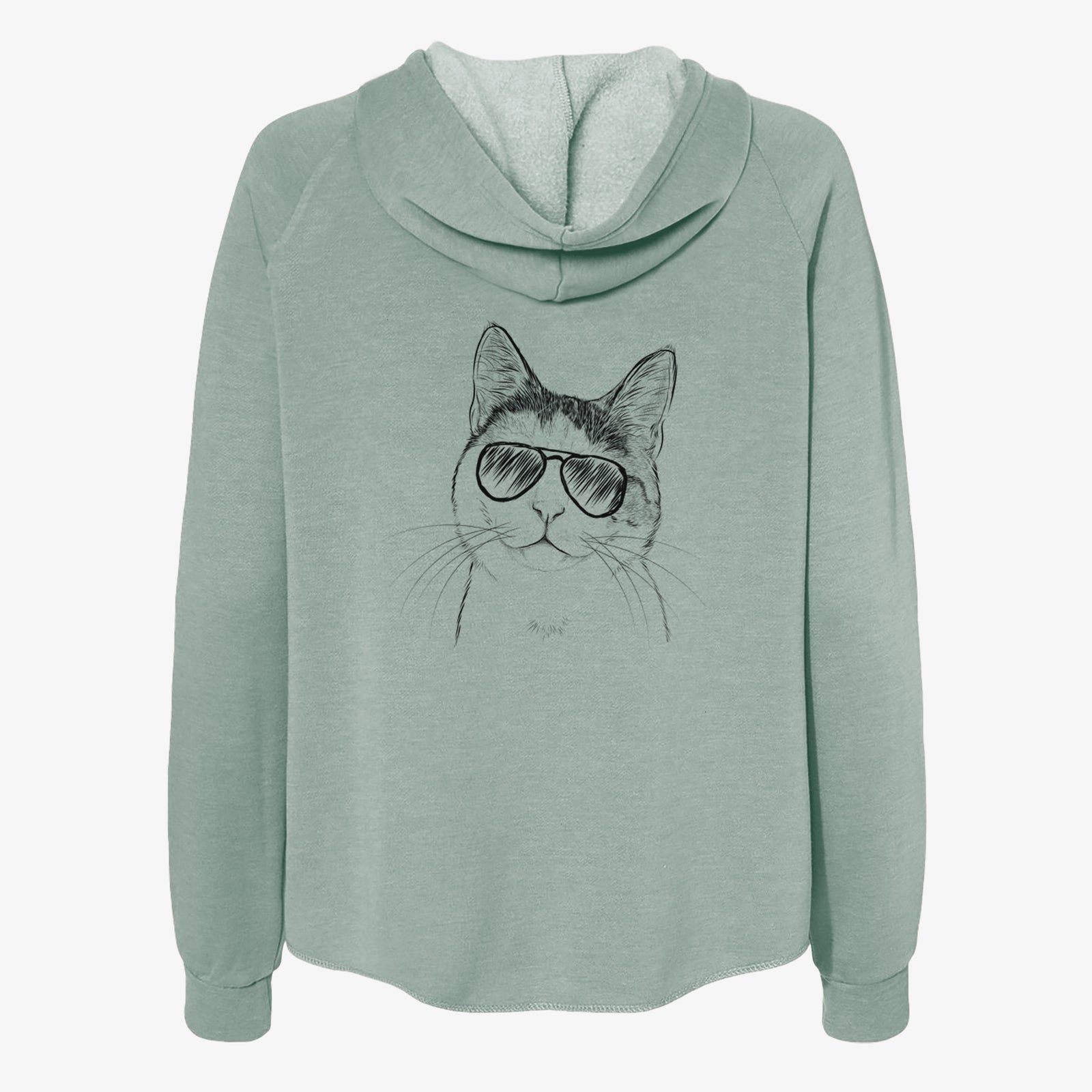 Hand-drawn sketch of Denver the Calico Cat wearing aviator sunglasses on a Sage Women's cali wave zip-up sweatshirt