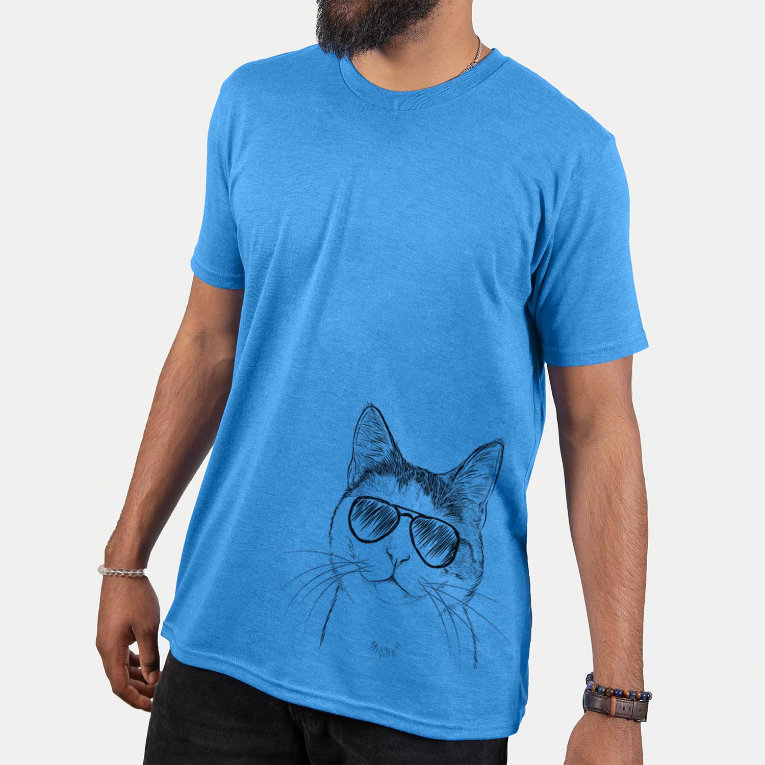 Hand-drawn sketch of Denver the Calico Cat wearing aviator sunglasses on a Blue Unisex crewneck