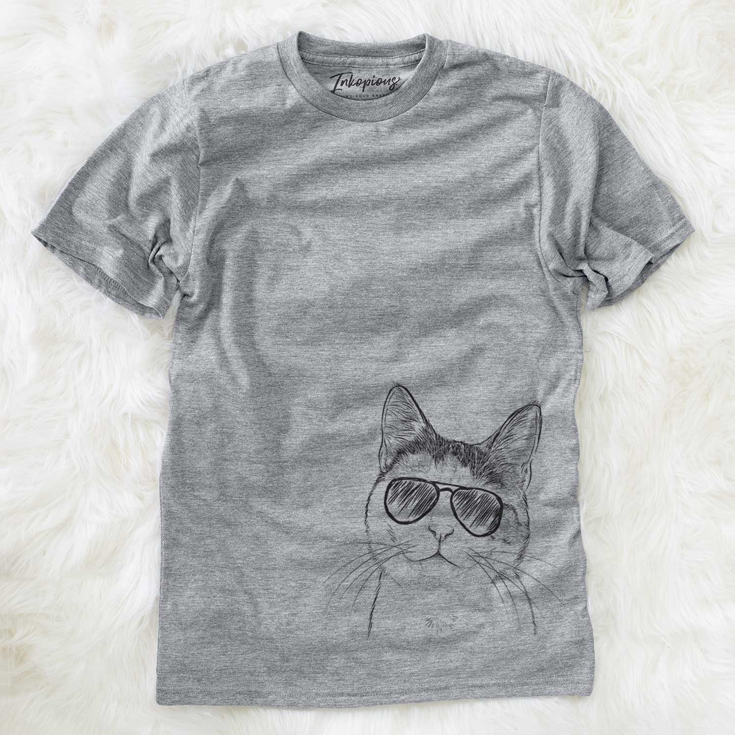 Hand-drawn sketch of Denver the Calico Cat wearing aviator sunglasses on a Grey Unisex crewneck
