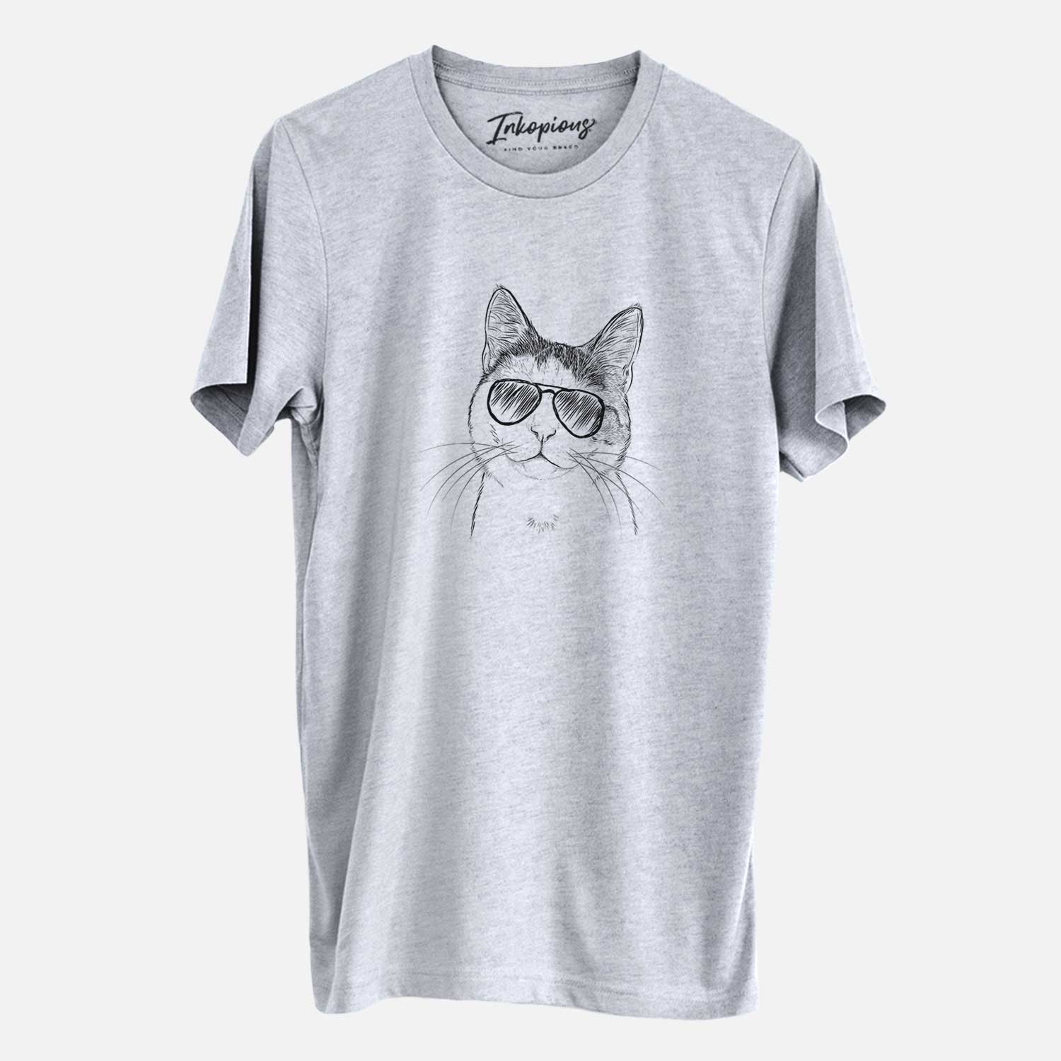 Hand-drawn sketch of Denver the Calico Cat wearing aviator sunglasses on a Grey Unisex crewneck