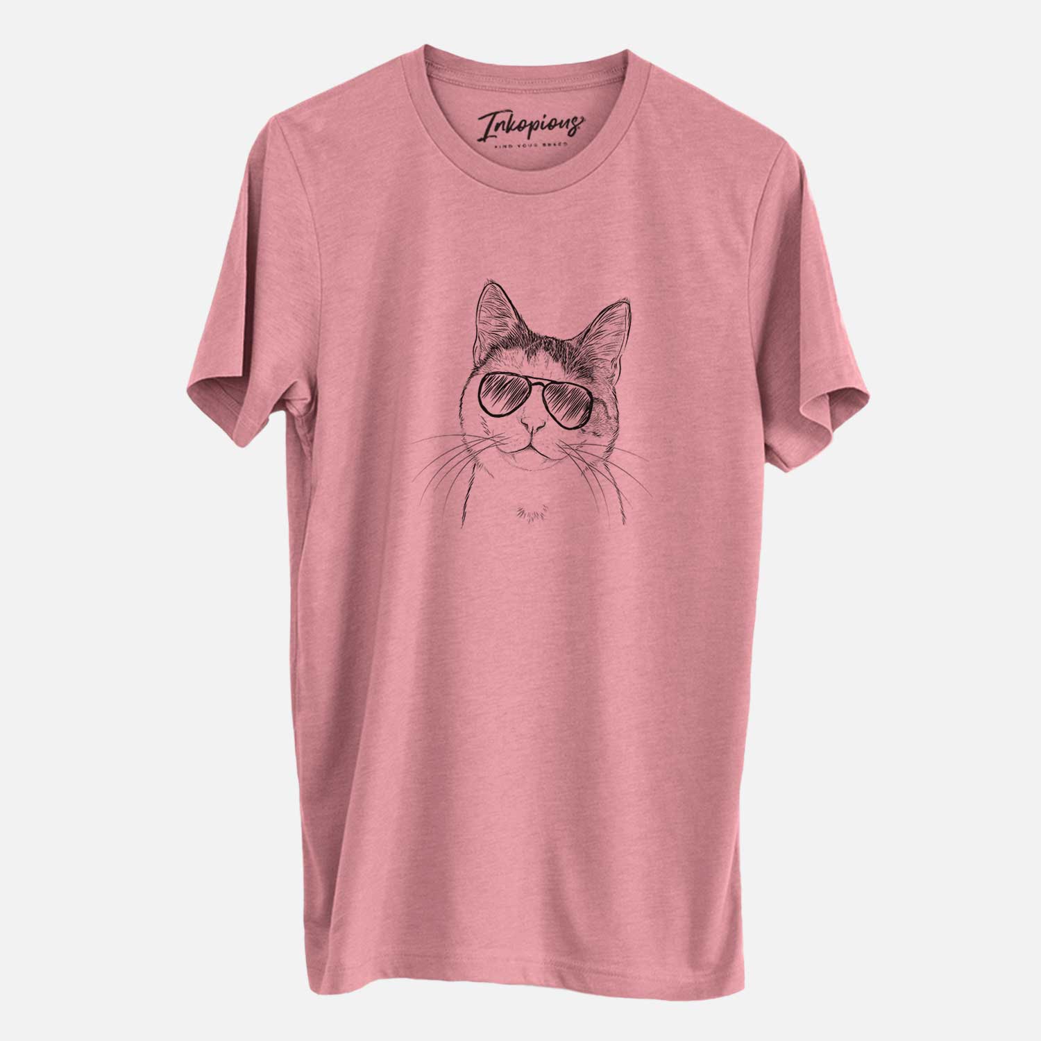 Hand-drawn sketch of Denver the Calico Cat wearing aviator sunglasses on a Mauve Unisex crewneck
