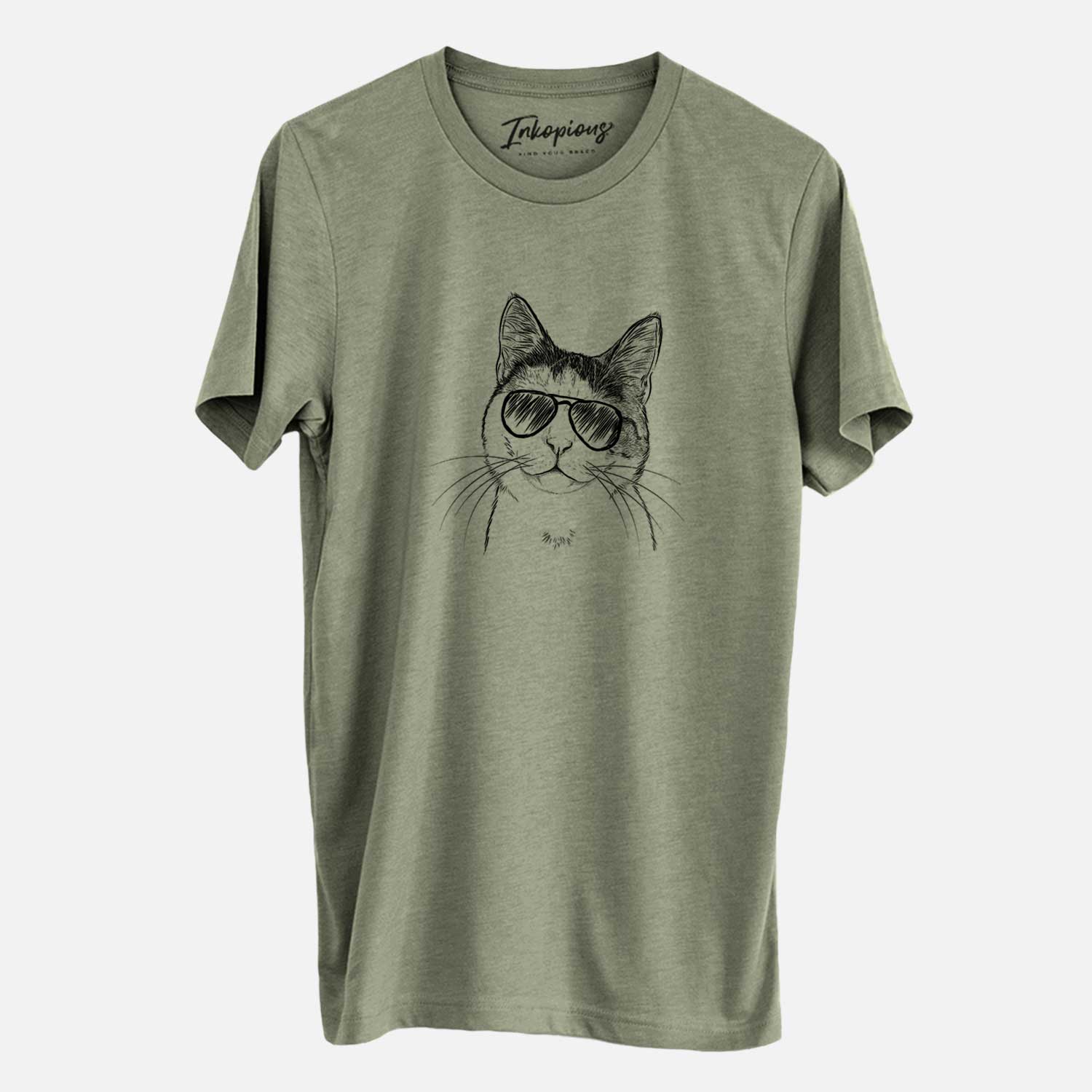 Hand-drawn sketch of Denver the Calico Cat wearing aviator sunglasses on an Olive Unisex crewneck