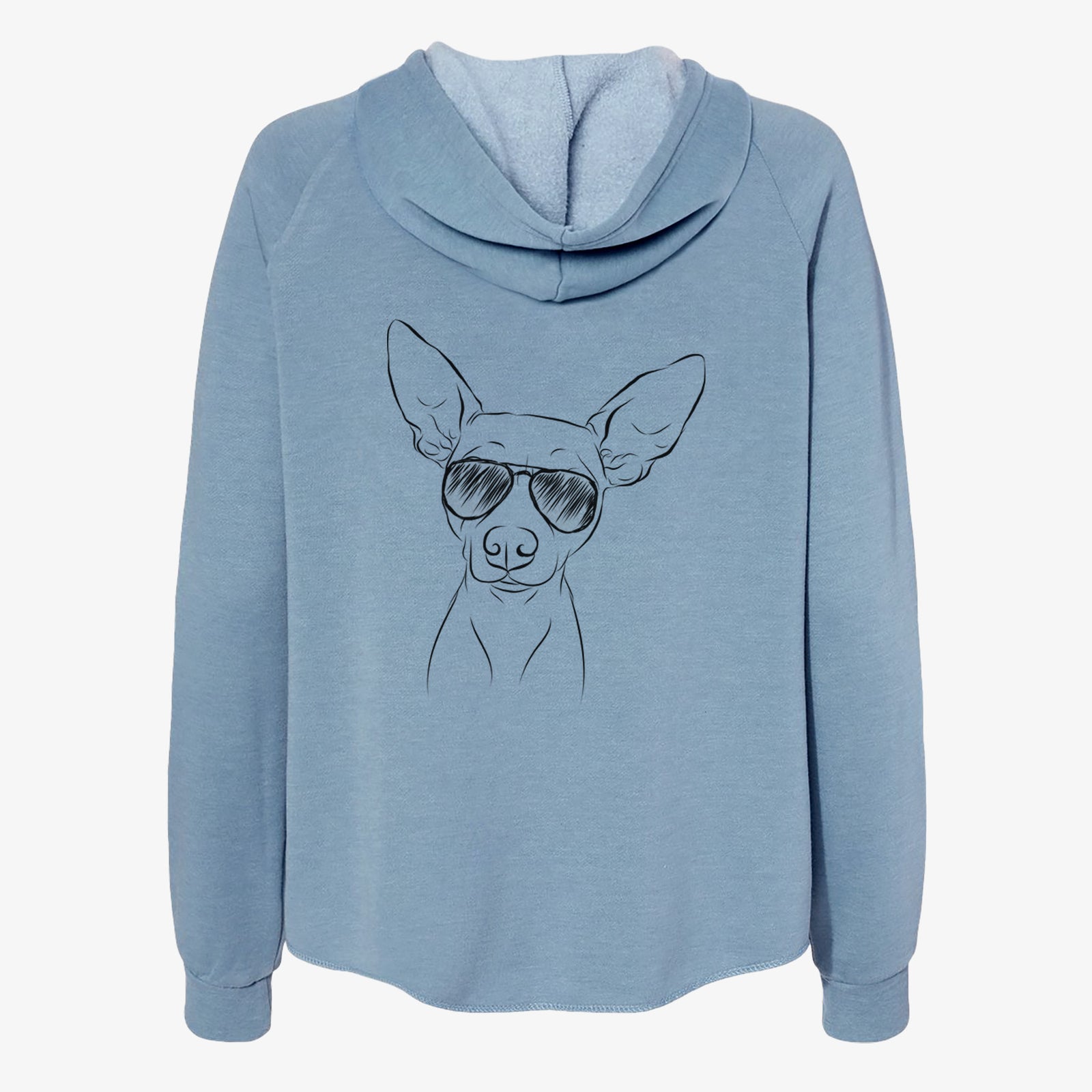 Hand-drawn sketch of Desi the American Hairless Terrier wearing aviator sunglasses on a Misty Blue Women's cali wave zip-up sweatshirt