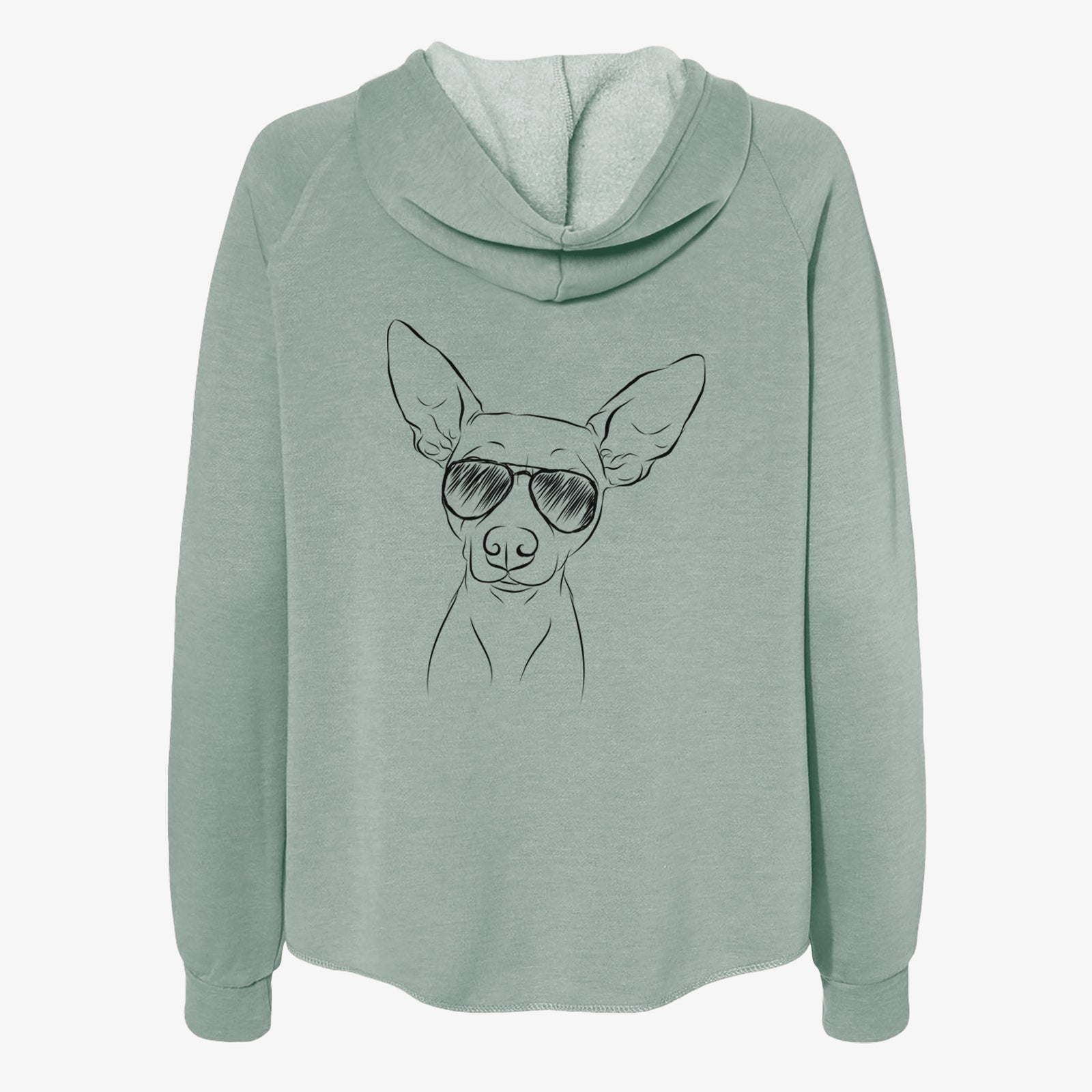 Hand-drawn sketch of Desi the American Hairless Terrier wearing aviator sunglasses on a Sage Women's cali wave zip-up sweatshirt