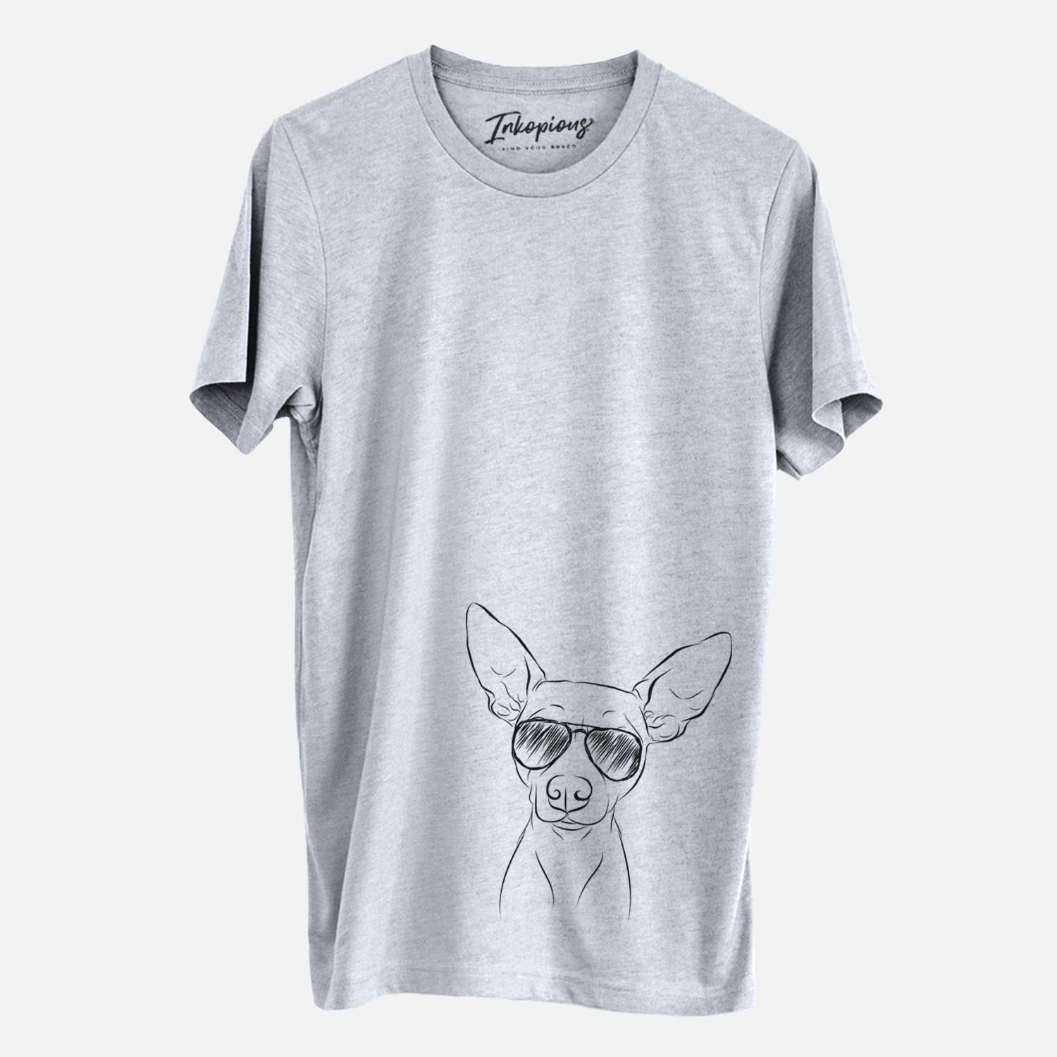 Hand-drawn sketch of Desi the American Hairless Terrier wearing aviator sunglasses on a Grey Unisex crewneck