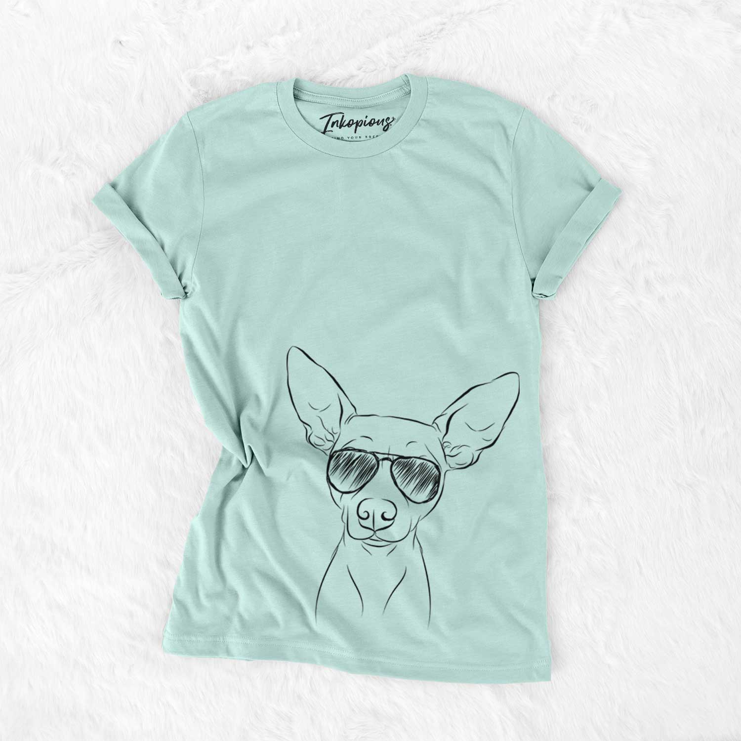 Hand-drawn sketch of Desi the American Hairless Terrier wearing aviator sunglasses on a Heather Sage Unisex crewneck