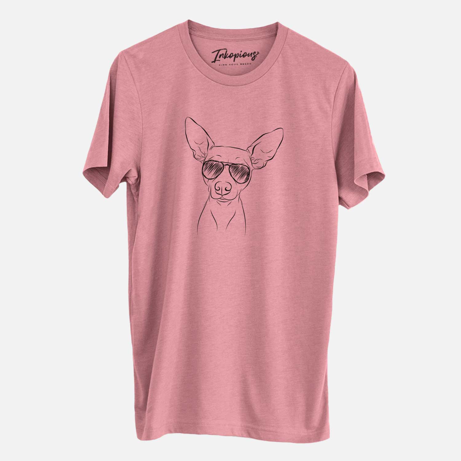 Hand-drawn sketch of Desi the American Hairless Terrier wearing aviator sunglasses on a Mauve Unisex crewneck