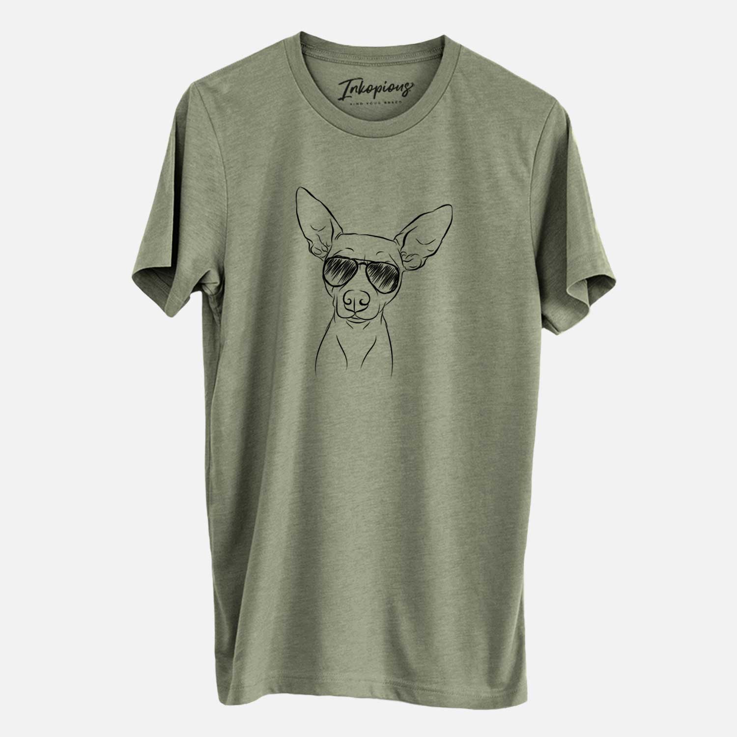 Hand-drawn sketch of Desi the American Hairless Terrier wearing aviator sunglasses on an Olive Unisex crewneck