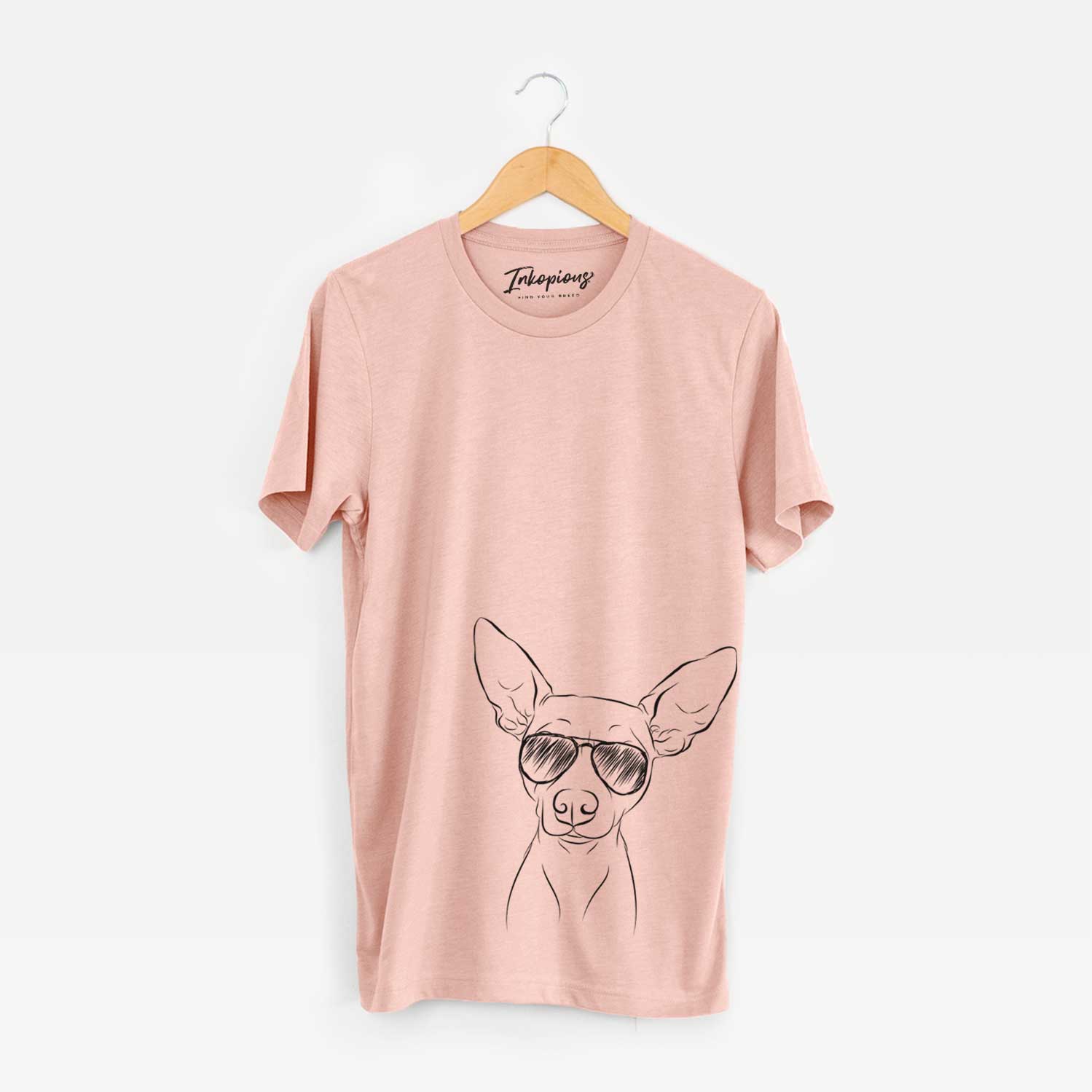 Hand-drawn sketch of Desi the American Hairless Terrier wearing aviator sunglasses on a Peach Unisex crewneck