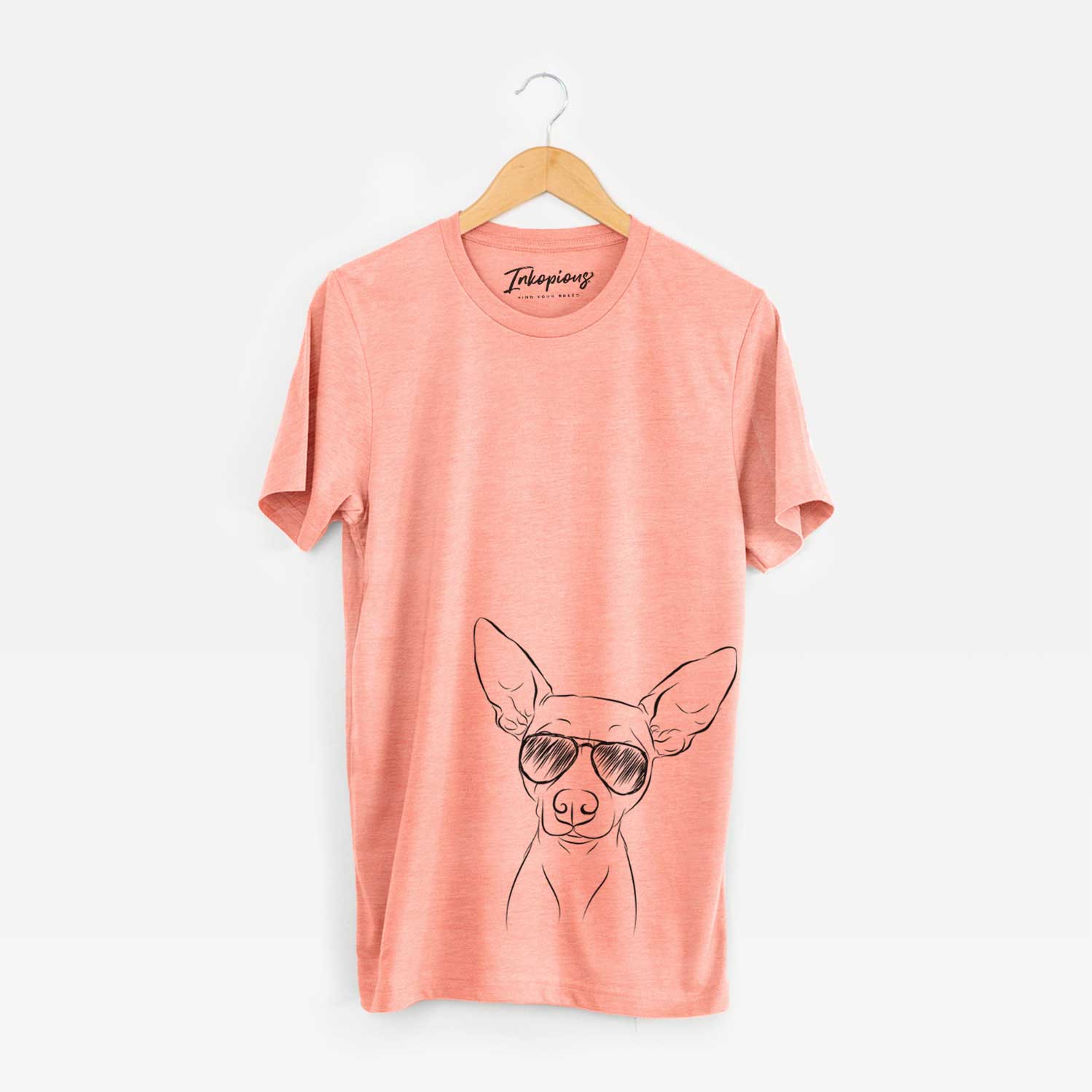 Hand-drawn sketch of Desi the American Hairless Terrier wearing aviator sunglasses on a Sunset Unisex crewneck