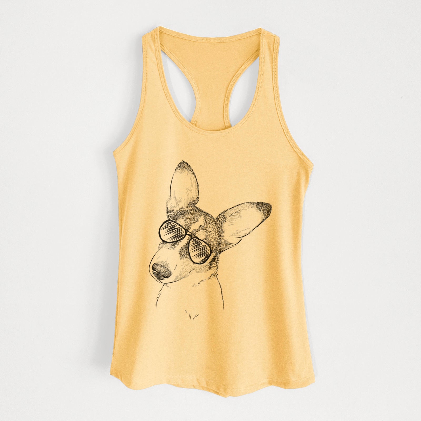 Hand-drawn sketch of Dexter the Corgi wearing aviator sunglasses on a Banana Cream Women's racerback tanktop