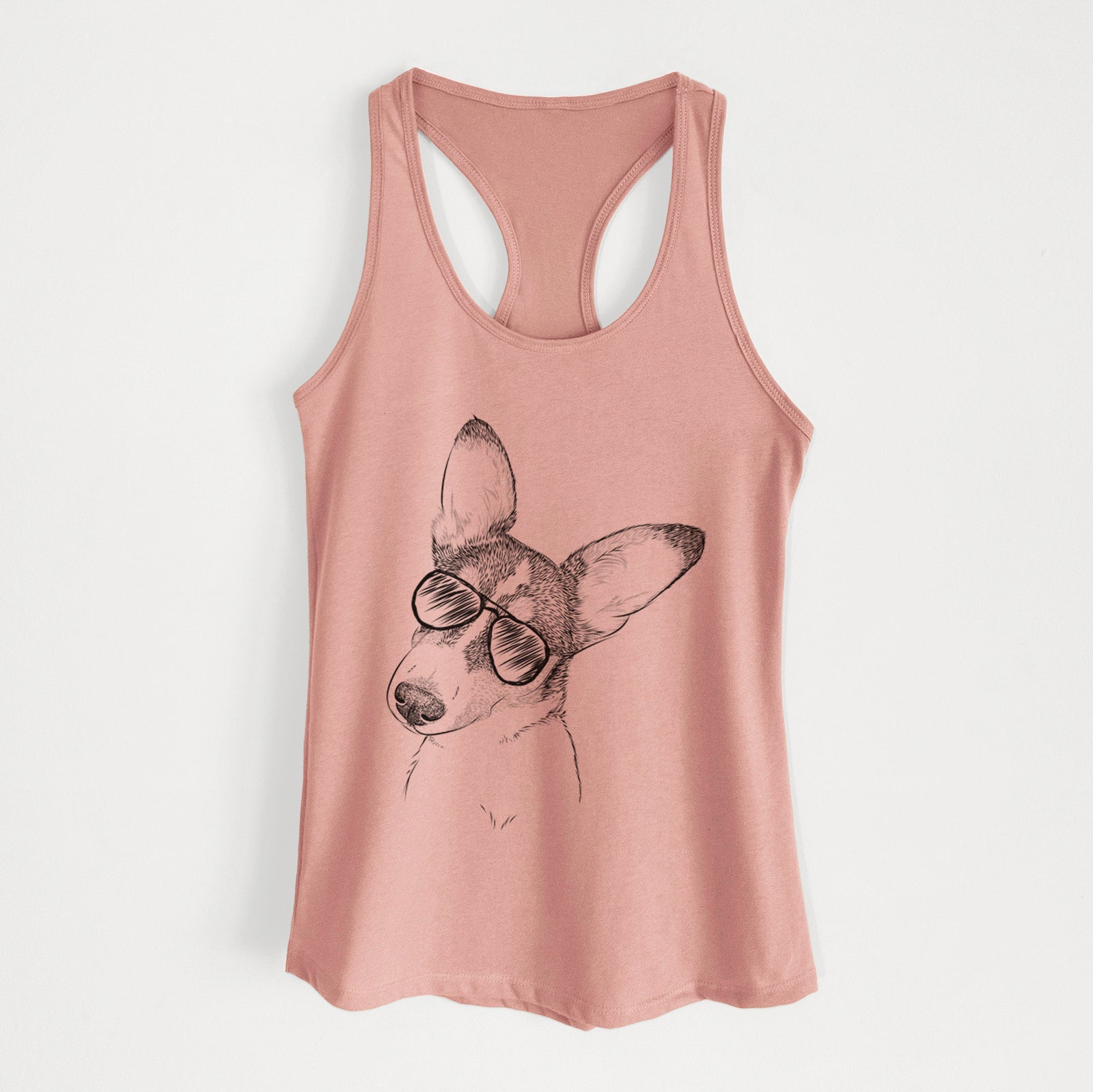 Hand-drawn sketch of Dexter the Corgi wearing aviator sunglasses on a Desert Pink Women's racerback tanktop