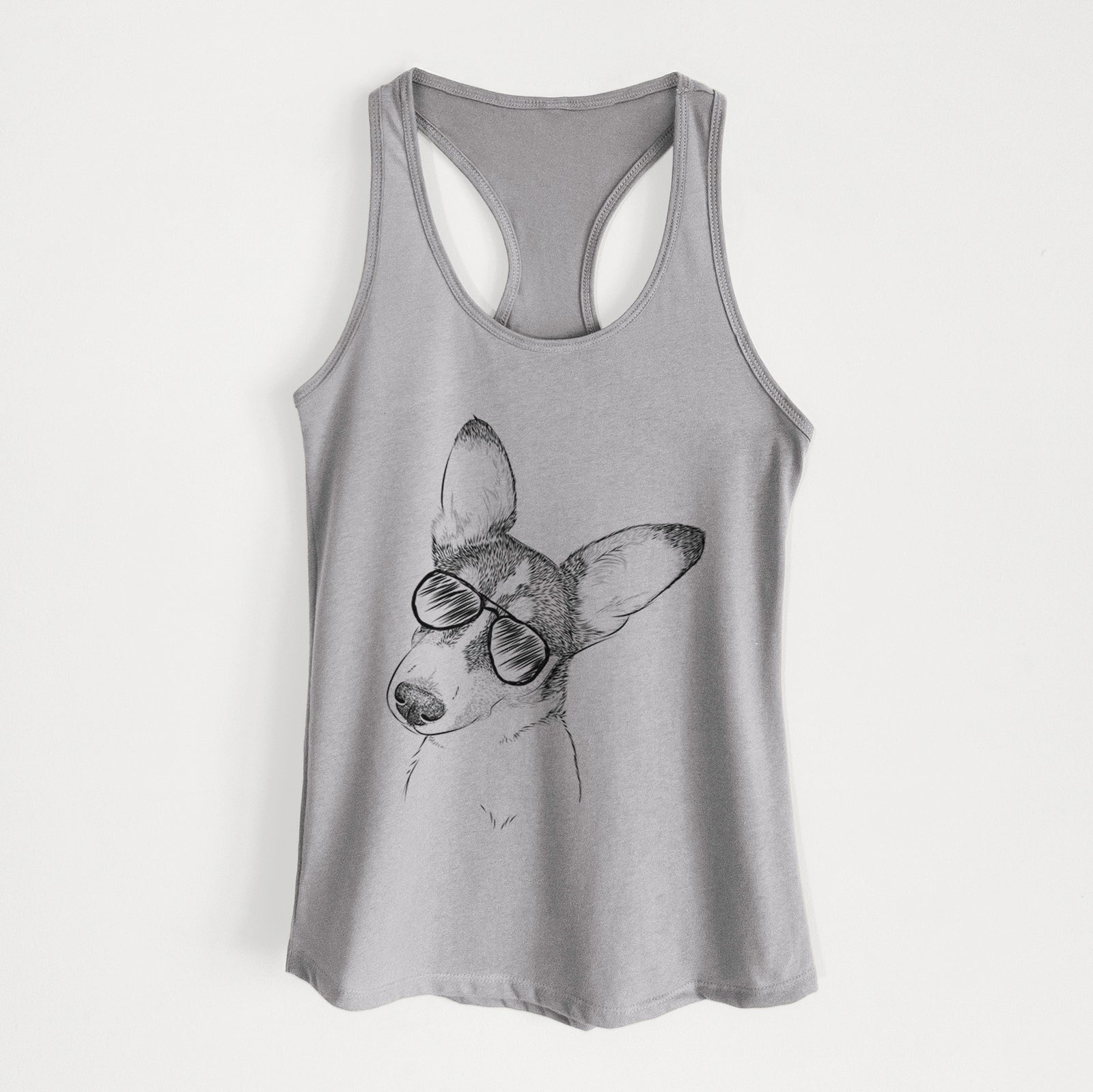 Hand-drawn sketch of Dexter the Corgi wearing aviator sunglasses on a Heather Grey Women's racerback tanktop