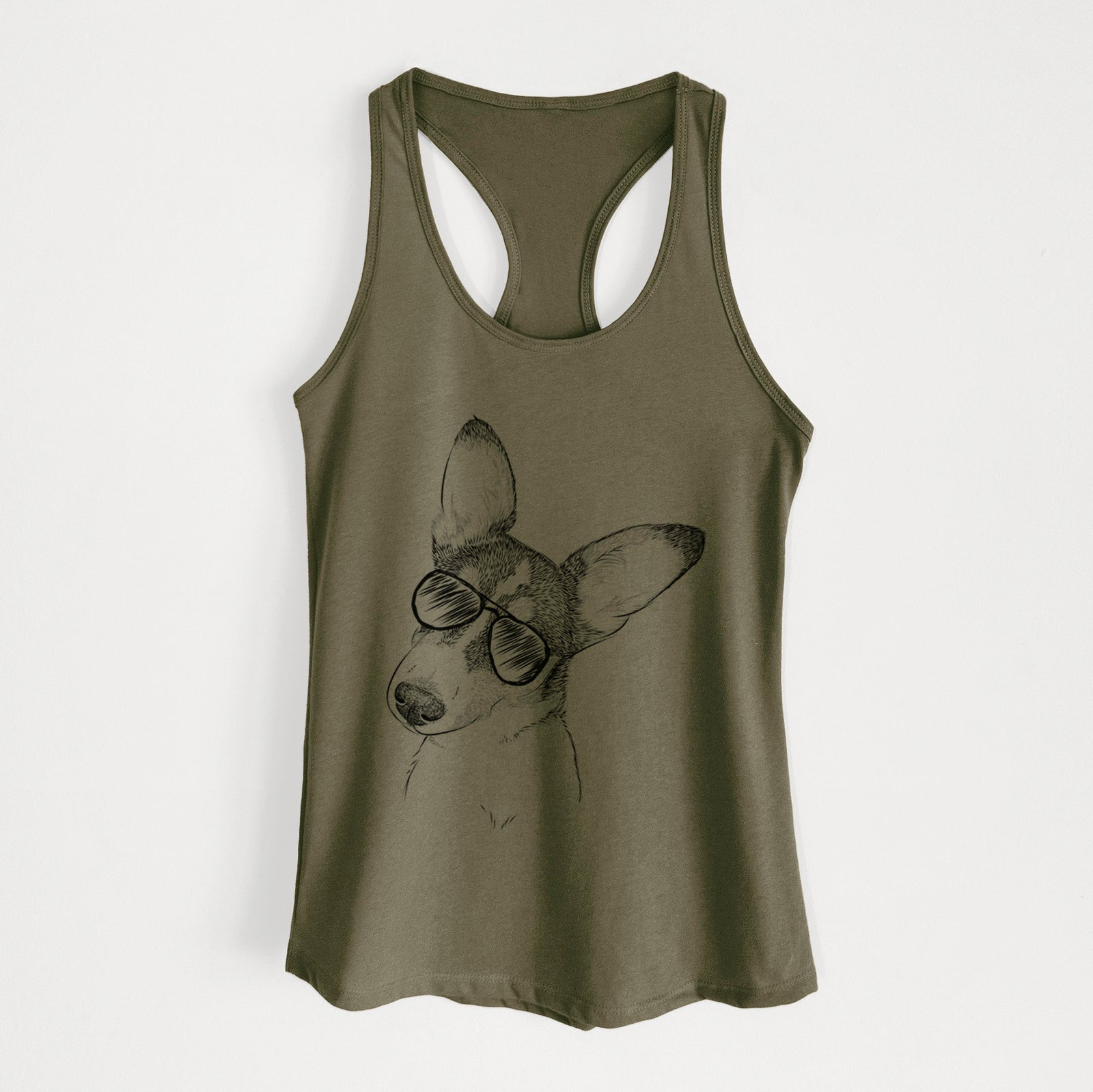 Hand-drawn sketch of Dexter the Corgi wearing aviator sunglasses on a Military Green Women's racerback tanktop