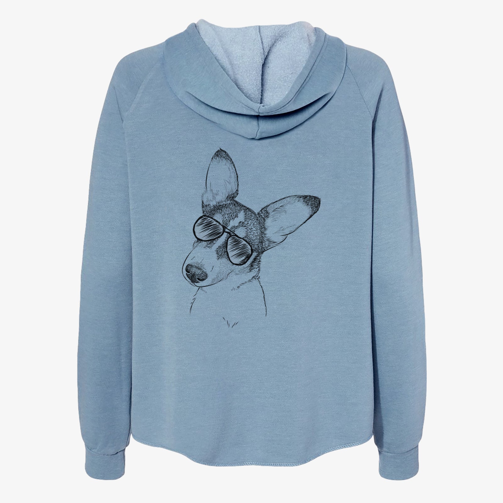 Hand-drawn sketch of Dexter the Corgi wearing aviator sunglasses on a Misty Blue Women's cali wave zip-up sweatshirt