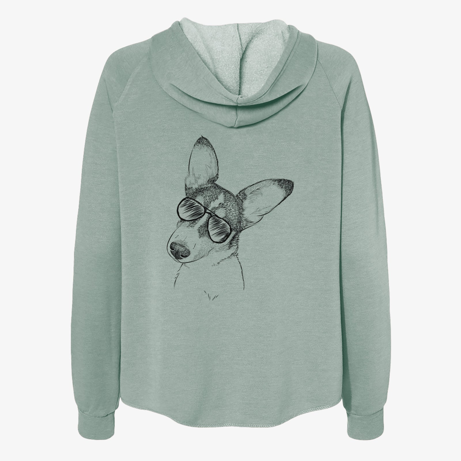 Hand-drawn sketch of Dexter the Corgi wearing aviator sunglasses on a Sage Women's cali wave zip-up sweatshirt