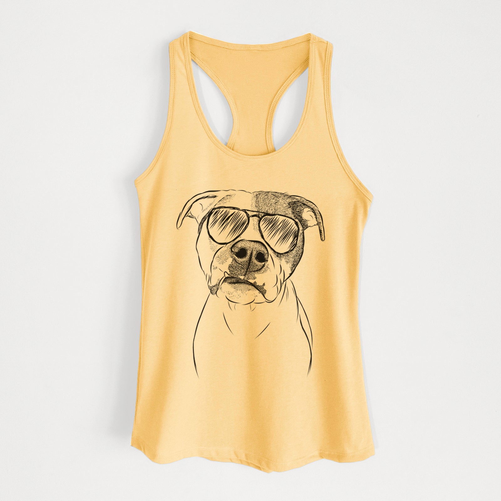 Hand-drawn sketch of Dexter the Pitbull wearing aviator sunglasses on a Banana Cream Women's racerback tanktop