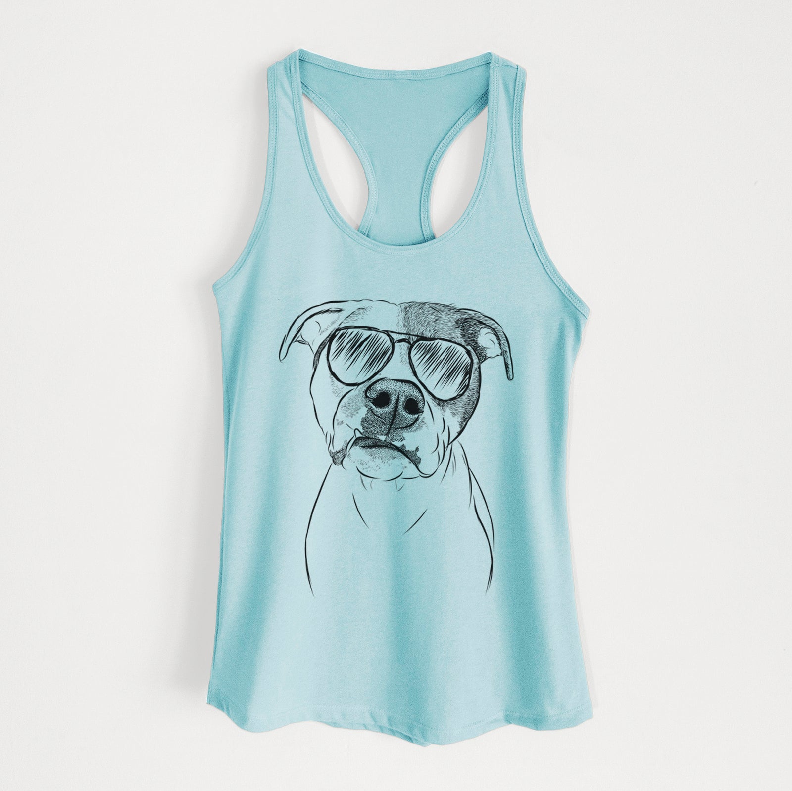 Hand-drawn sketch of Dexter the Pitbull wearing aviator sunglasses on a Cancun Blue Women's racerback tanktop
