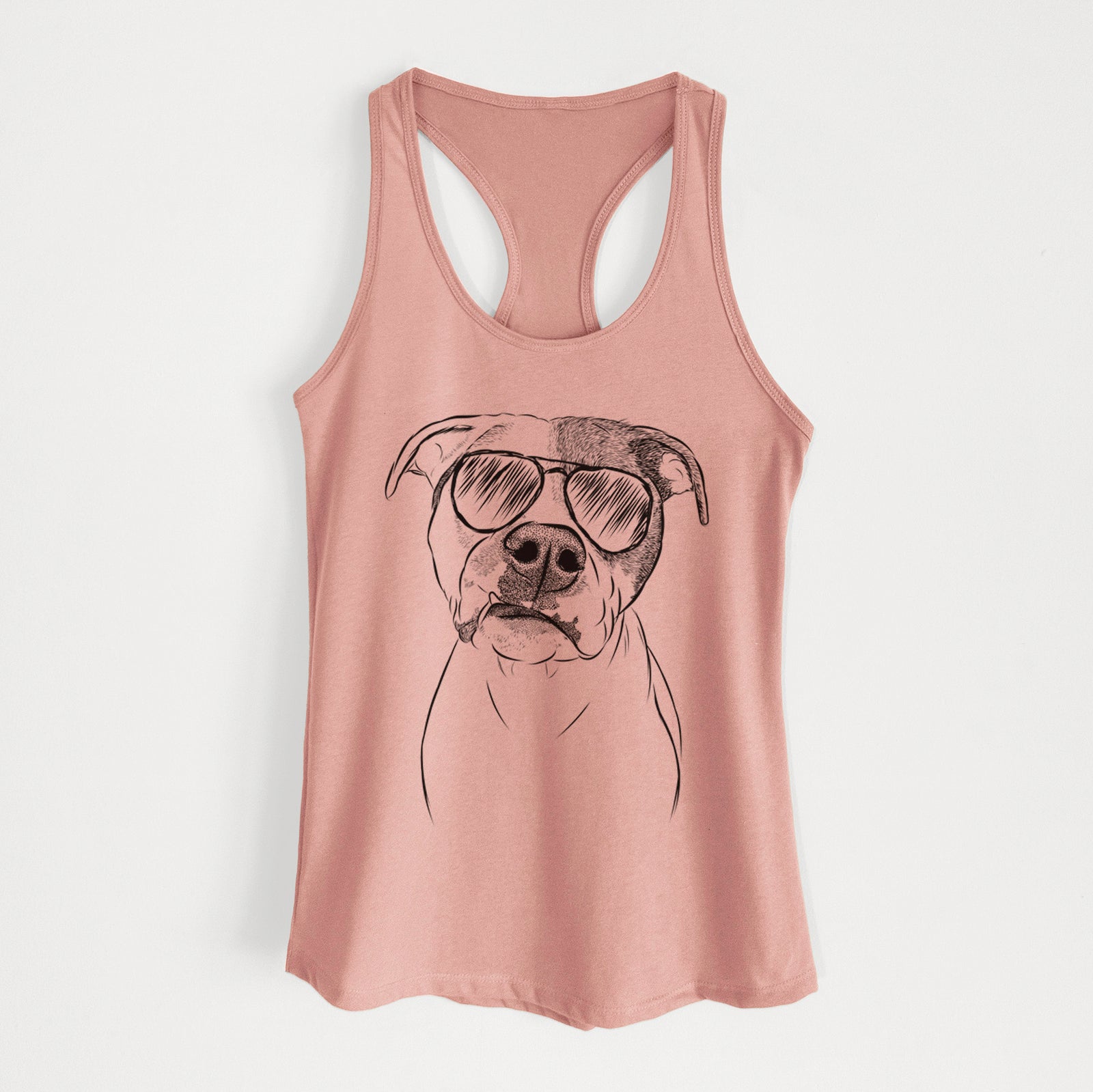 Hand-drawn sketch of Dexter the Pitbull wearing aviator sunglasses on a Desert Pink Women's racerback tanktop