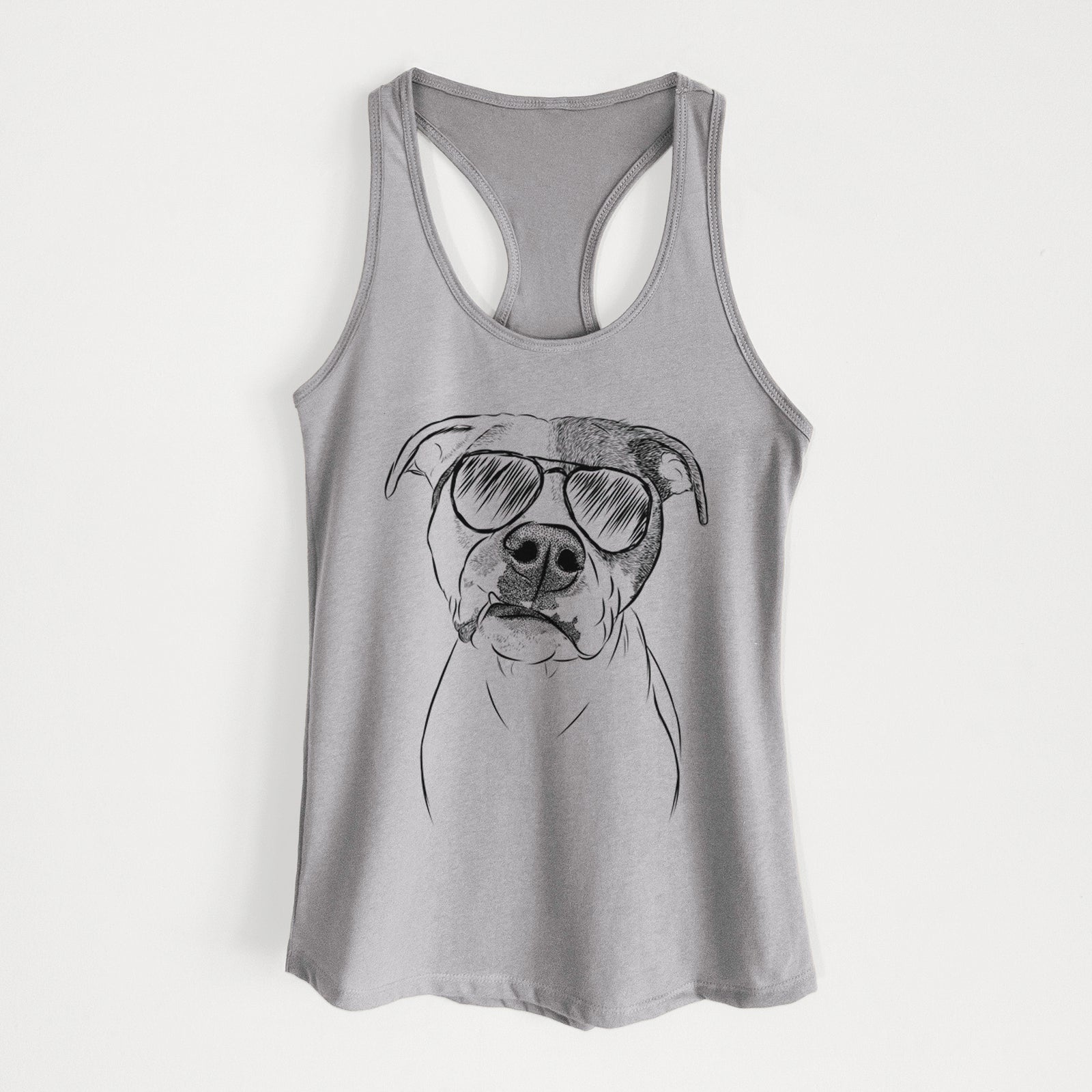 Hand-drawn sketch of Dexter the Pitbull wearing aviator sunglasses on a Heather Grey Women's racerback tanktop