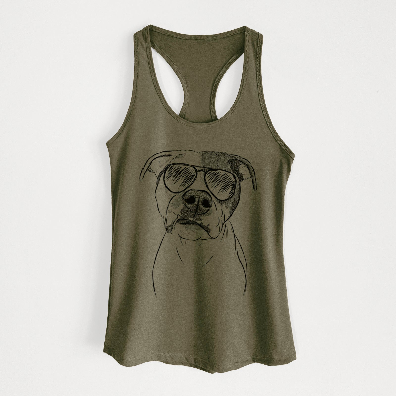 Hand-drawn sketch of Dexter the Pitbull wearing aviator sunglasses on a Military Green Women's racerback tanktop
