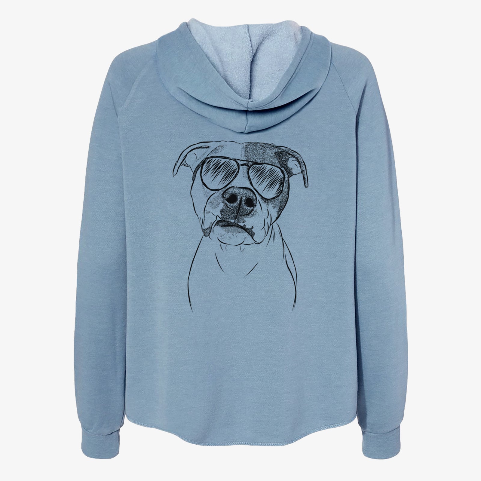 Hand-drawn sketch of Dexter the Pitbull wearing aviator sunglasses on a Misty Blue Women's cali wave zip-up sweatshirt