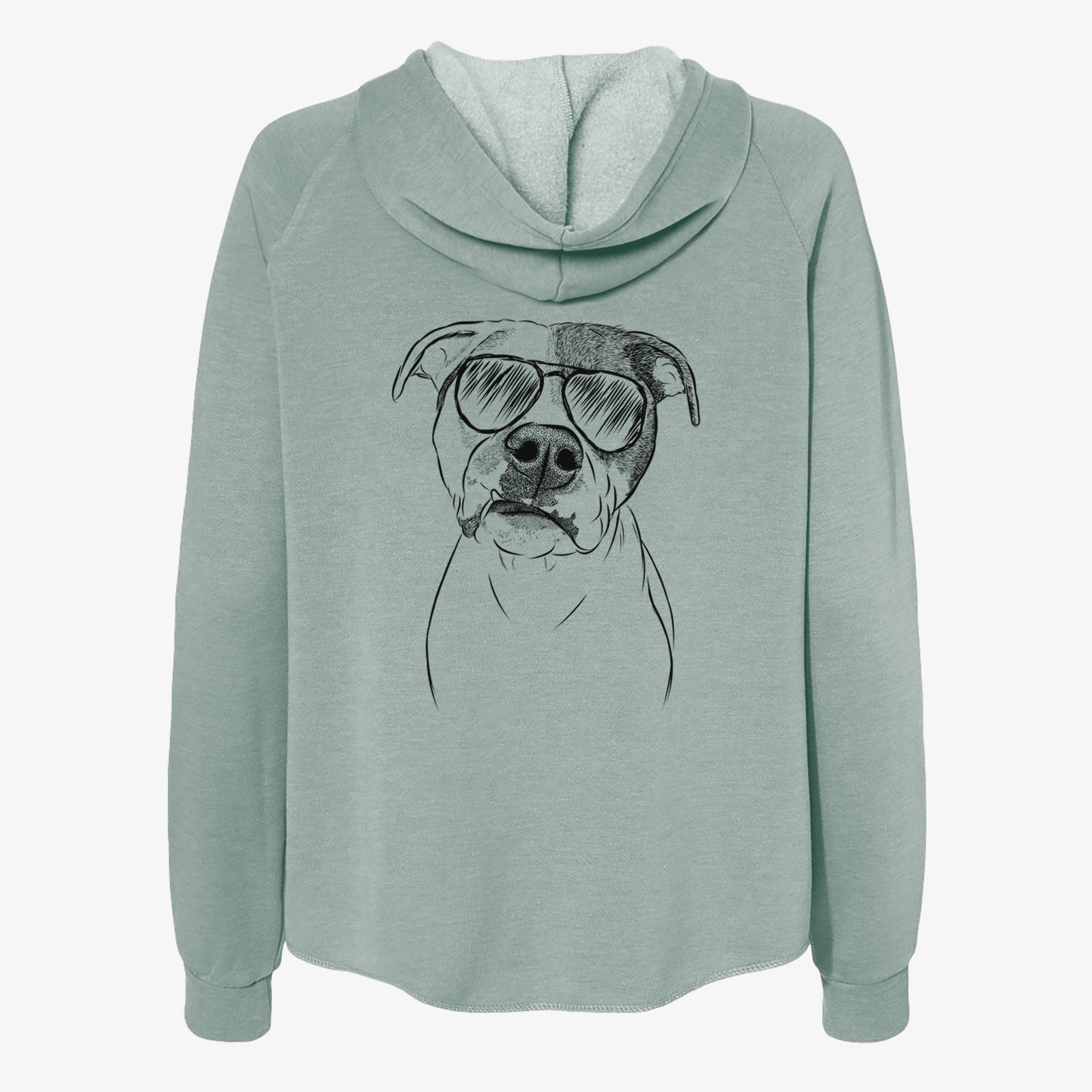 Hand-drawn sketch of Dexter the Pitbull wearing aviator sunglasses on a Sage Women's cali wave zip-up sweatshirt