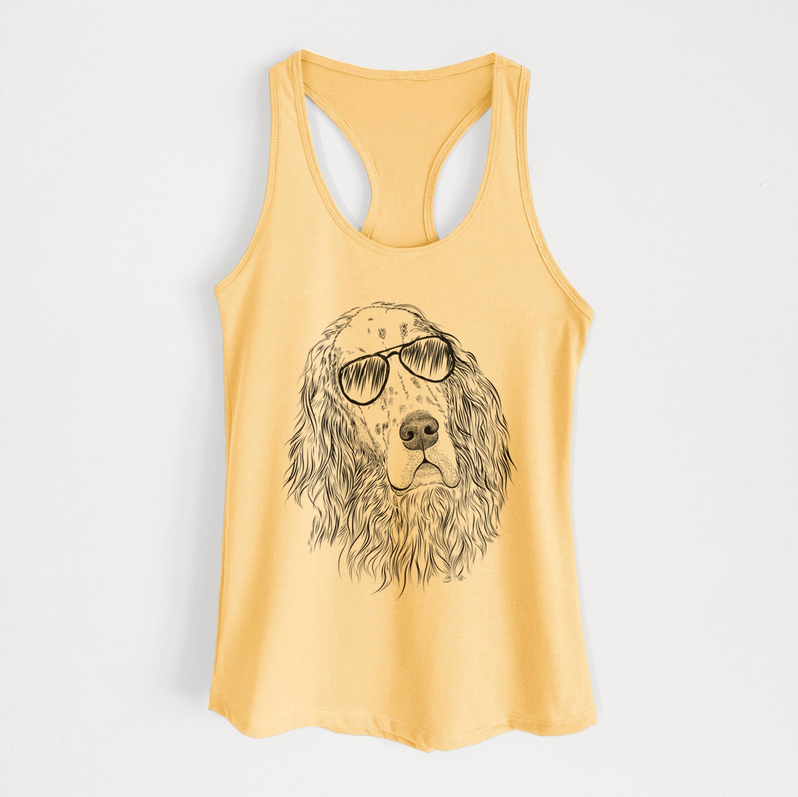 Hand-drawn sketch of Dexter the English Setter wearing aviator sunglasses on a Banana Cream Women's racerback tanktop
