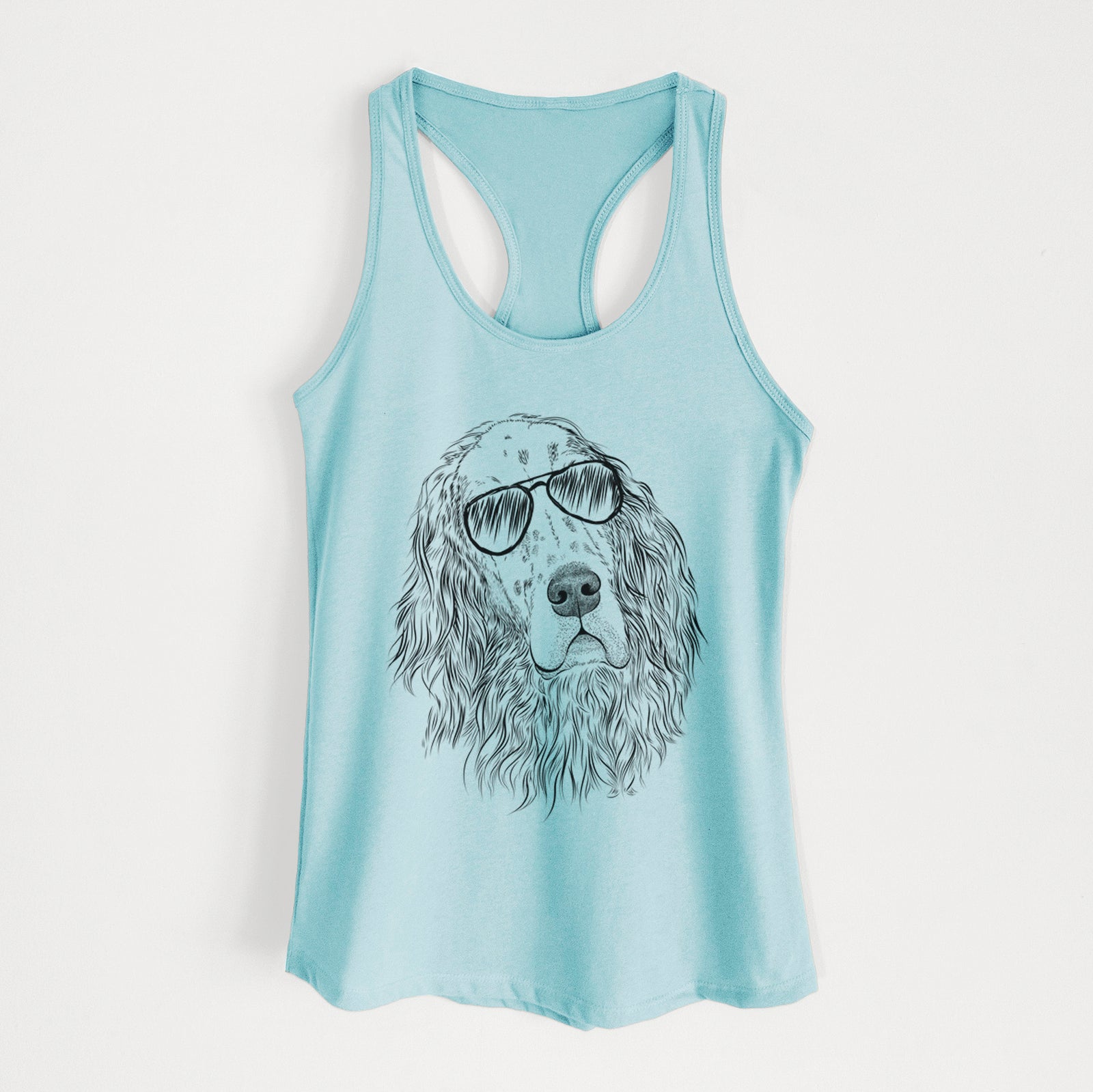 Hand-drawn sketch of Dexter the English Setter wearing aviator sunglasses on a Cancun Blue Women's racerback tanktop