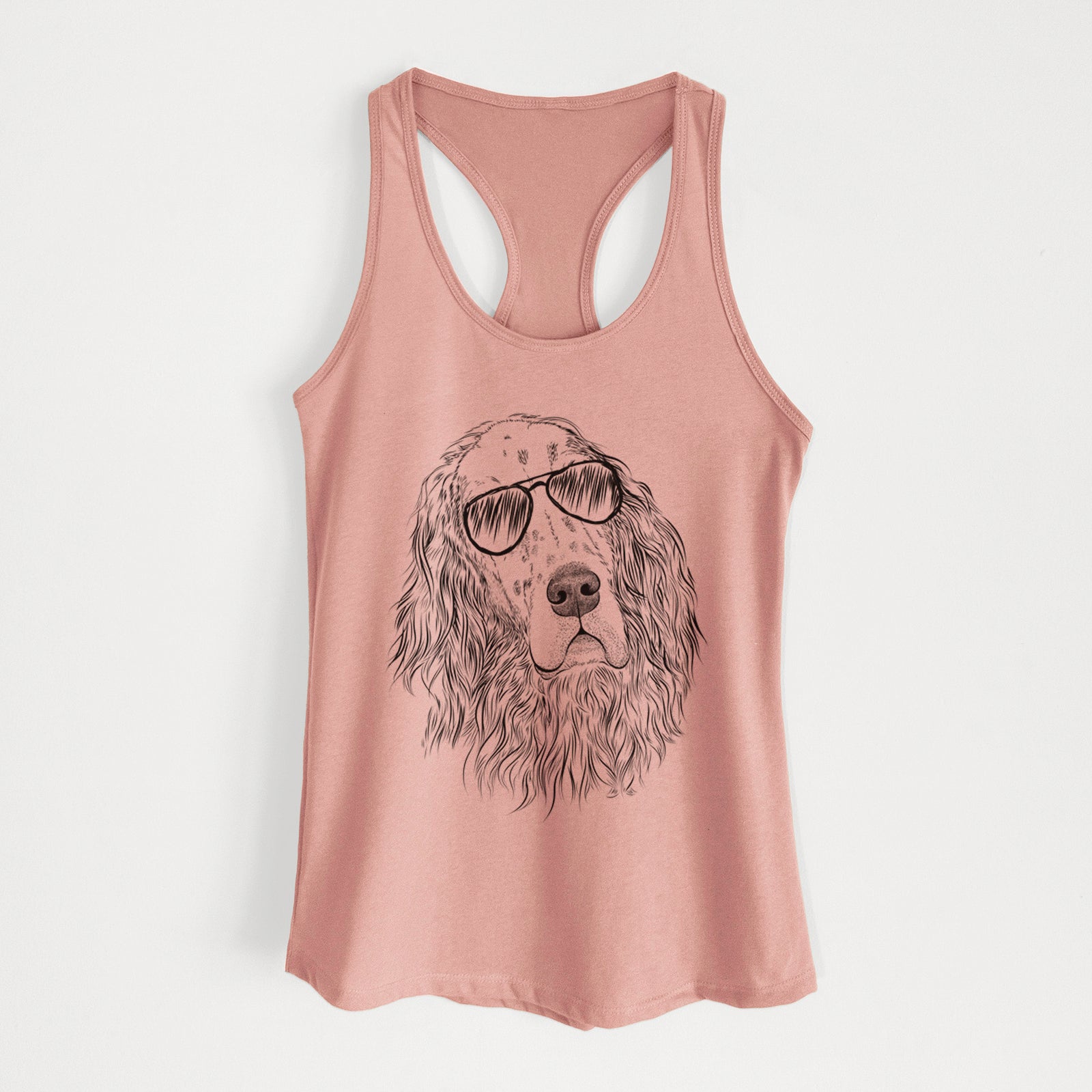 Hand-drawn sketch of Dexter the English Setter wearing aviator sunglasses on a Desert Pink Women's racerback tanktop