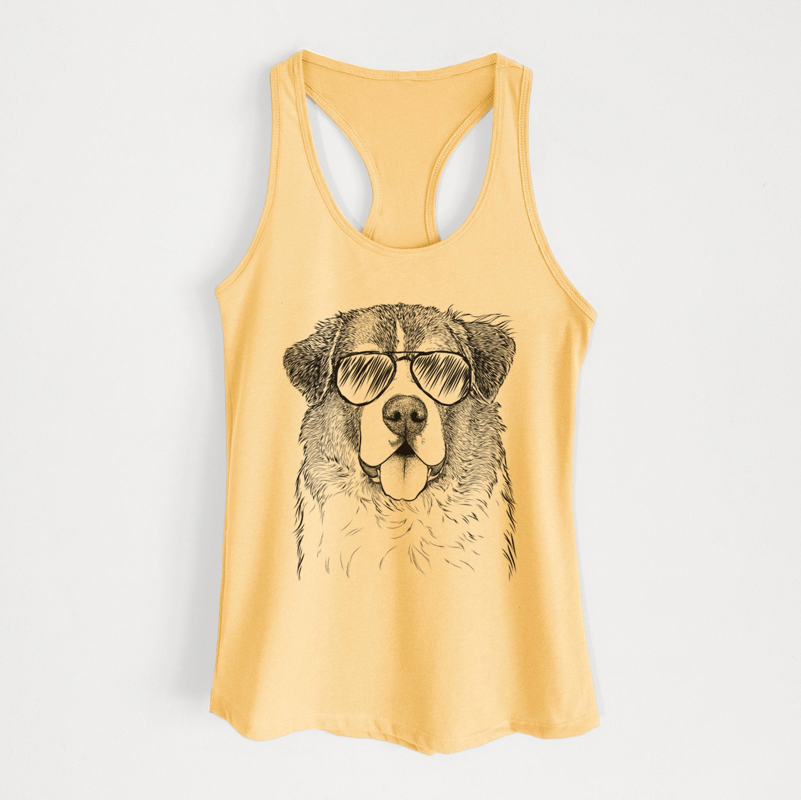 Hand-drawn sketch of Dilly the Saint Bernard wearing aviator sunglasses on a Banana Cream Women's racerback tanktop