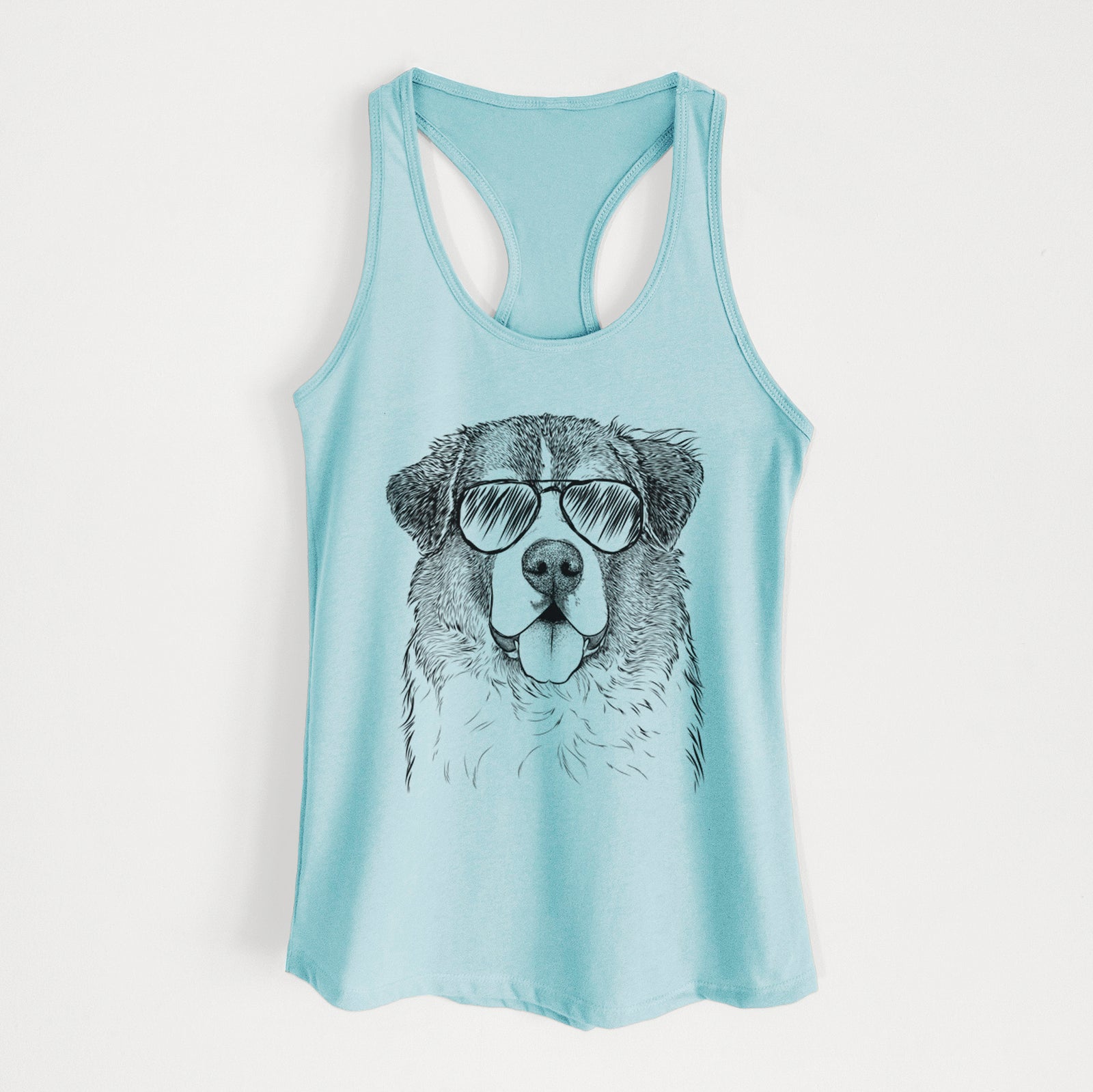 Hand-drawn sketch of Dilly the Saint Bernard wearing aviator sunglasses on a Cancun Blue Women's racerback tanktop