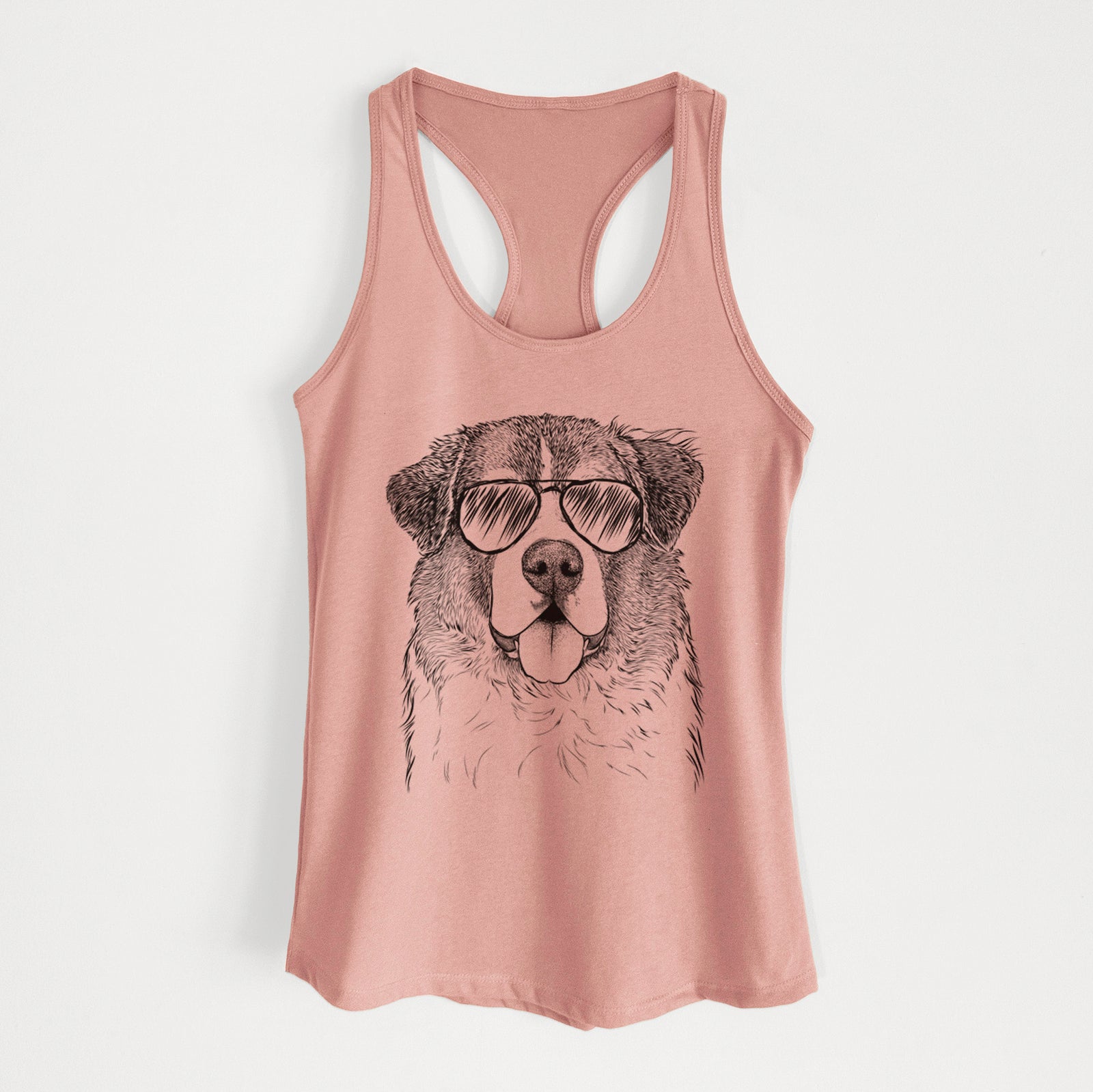 Hand-drawn sketch of Dilly the Saint Bernard wearing aviator sunglasses on a Desert Pink Women's racerback tanktop