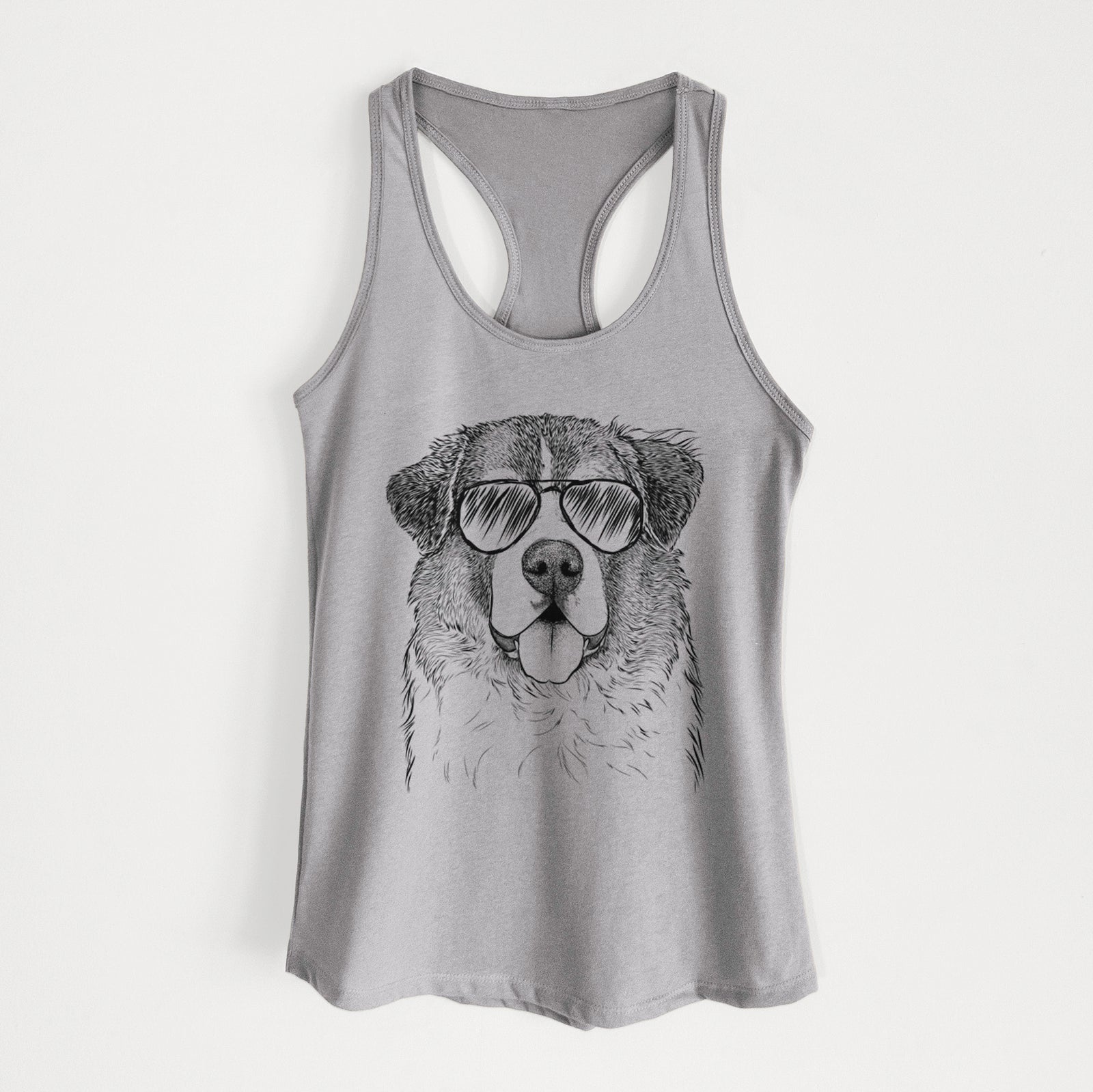 Hand-drawn sketch of Dilly the Saint Bernard wearing aviator sunglasses on a Heather Grey Women's racerback tanktop