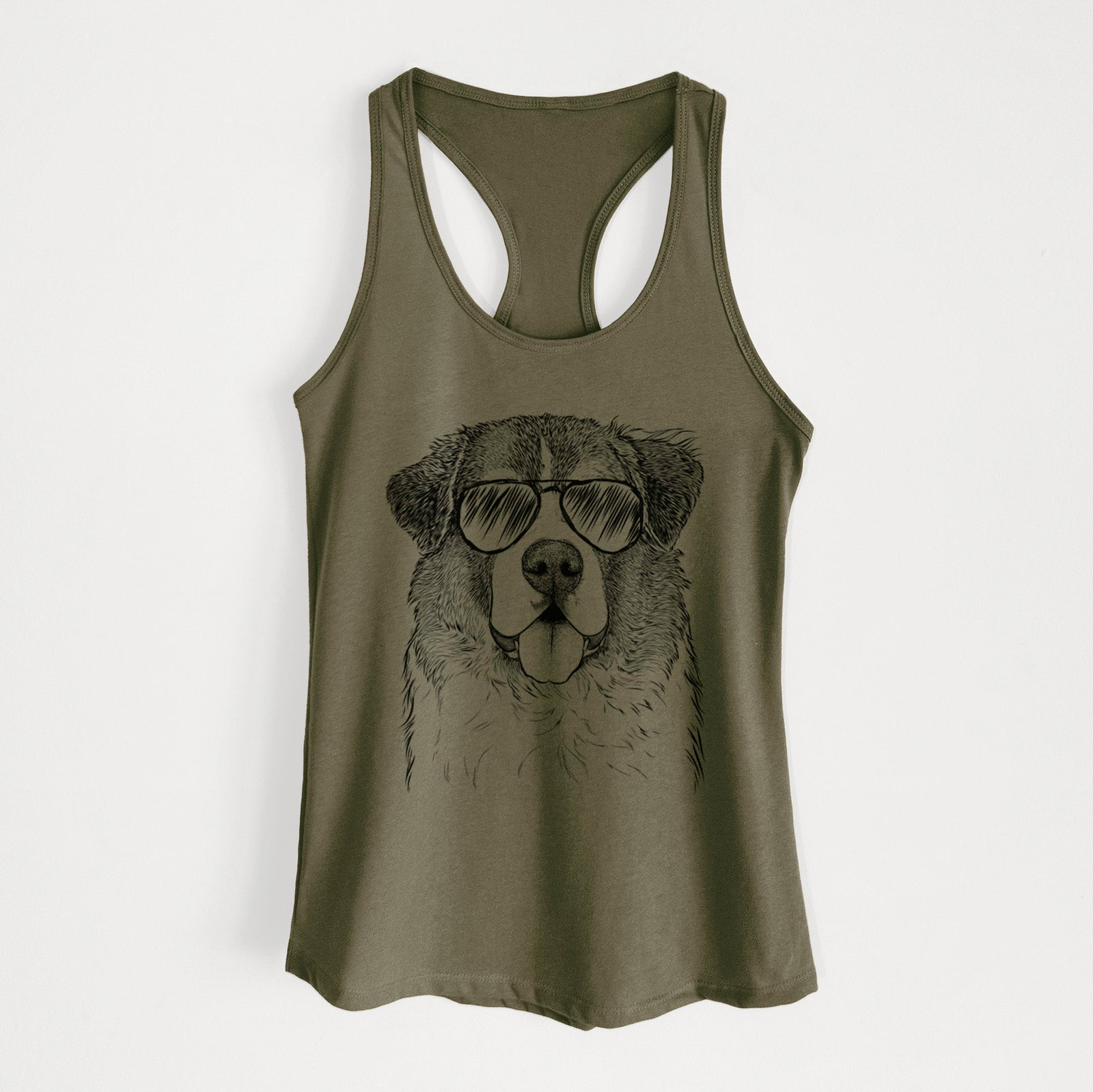 Hand-drawn sketch of Dilly the Saint Bernard wearing aviator sunglasses on a Military Green Women's racerback tanktop