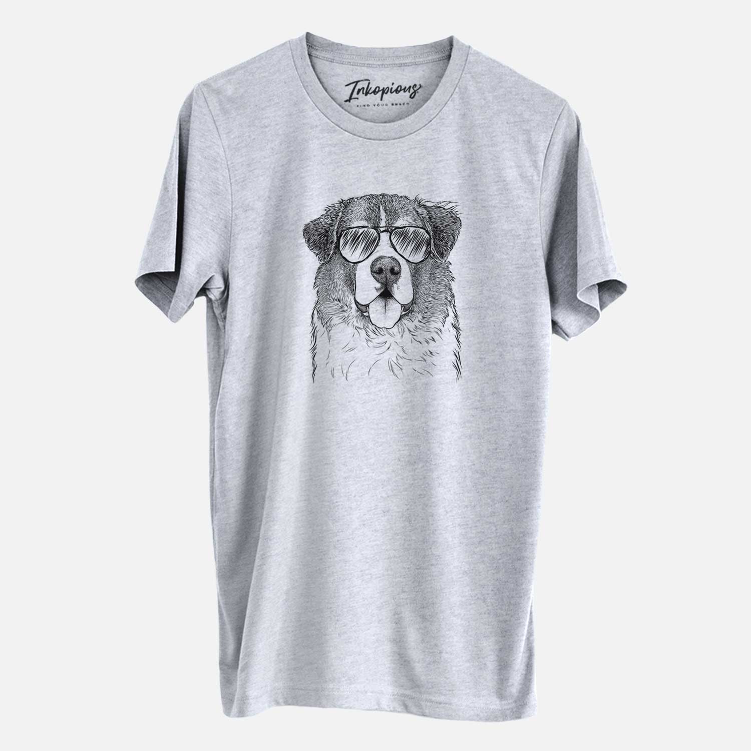 Hand-drawn sketch of Dilly the Saint Bernard wearing aviator sunglasses on a Grey Unisex crewneck