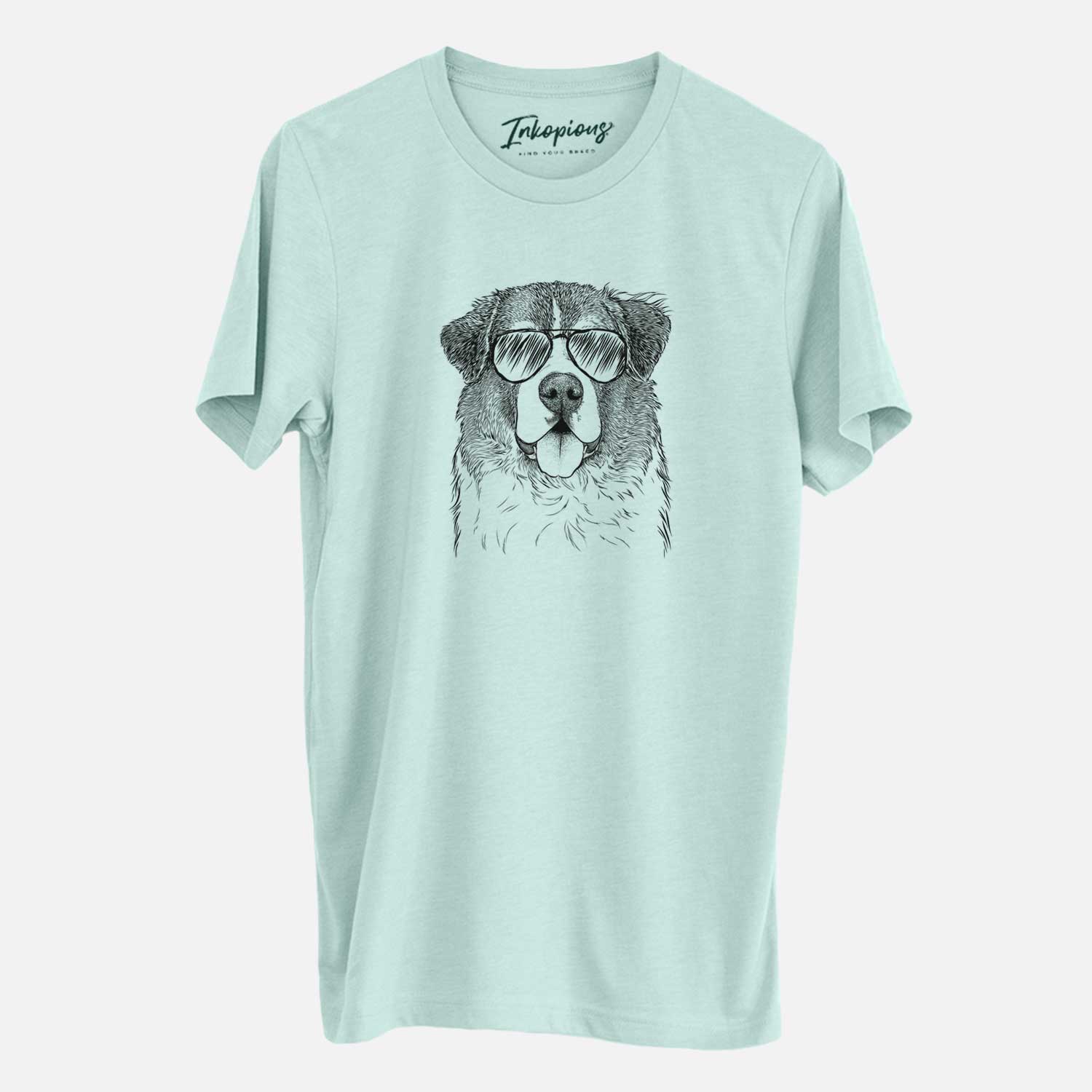 Hand-drawn sketch of Dilly the Saint Bernard wearing aviator sunglasses on a Heather Sage Unisex crewneck
