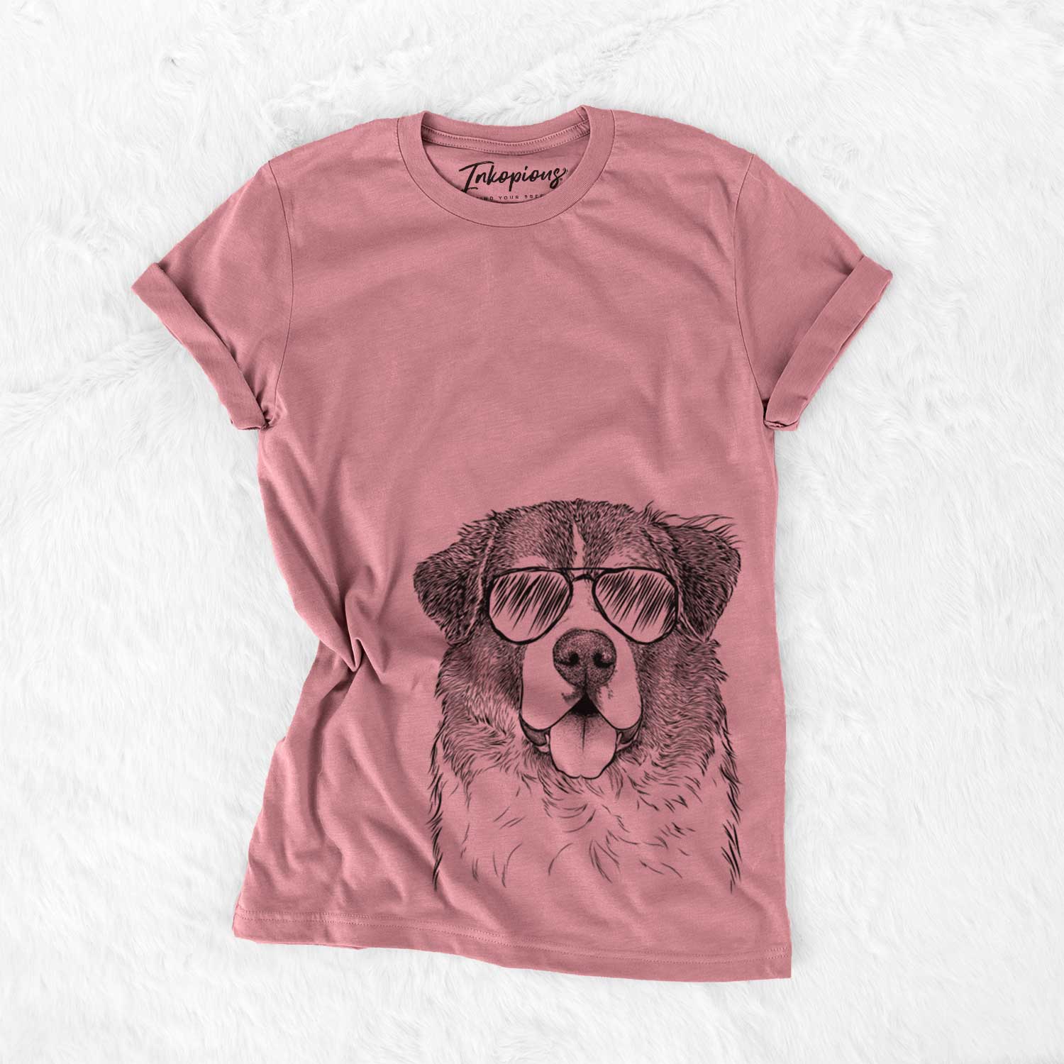 Hand-drawn sketch of Dilly the Saint Bernard wearing aviator sunglasses on a Mauve Unisex crewneck