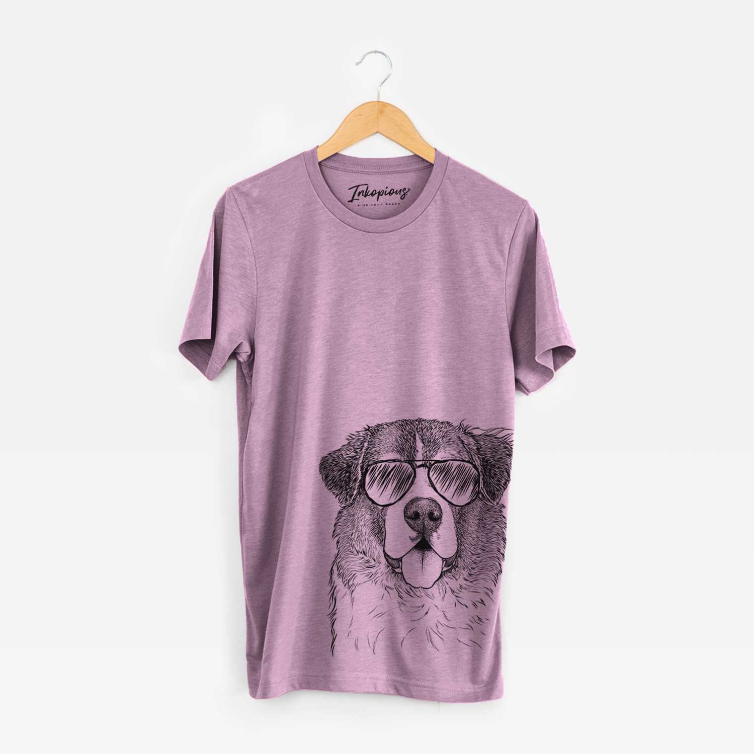 Hand-drawn sketch of Dilly the Saint Bernard wearing aviator sunglasses on an Orchid Bella Canvas Unisex Crewneck