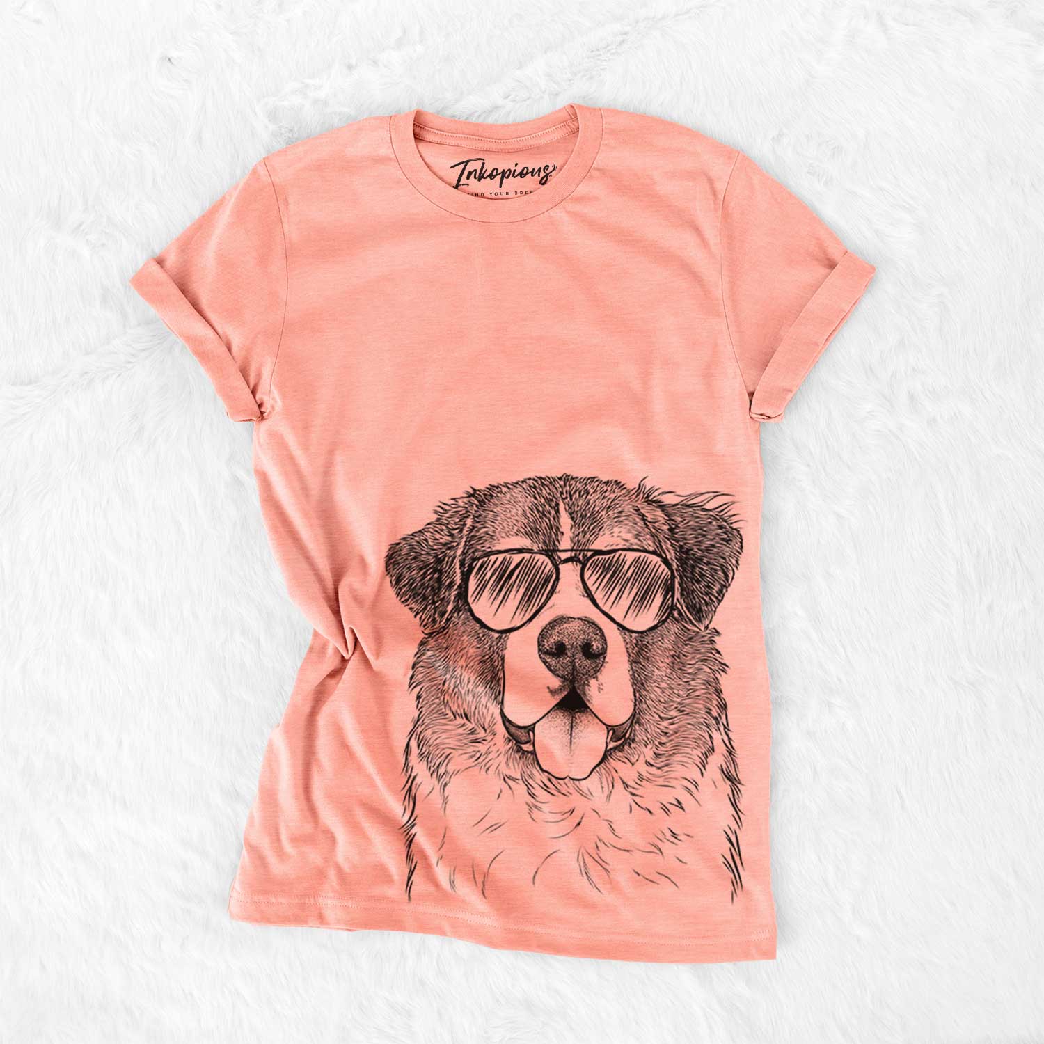 Hand-drawn sketch of Dilly the Saint Bernard wearing aviator sunglasses on a Sunset Bella Canvas Unisex Crewneck