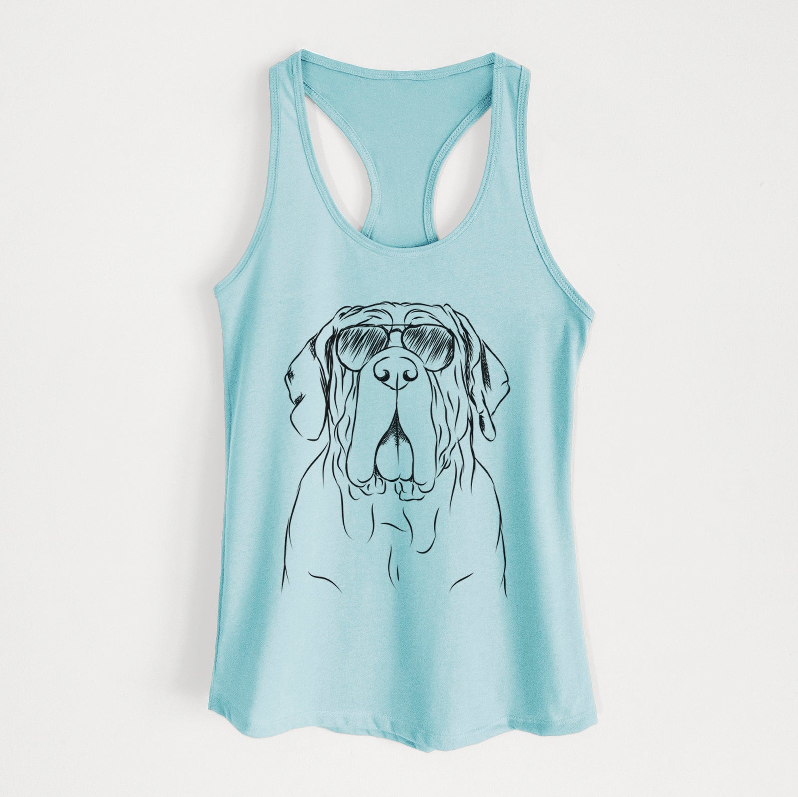 Hand-drawn sketch of Dinah the Neapolitan Mastiff wearing aviator sunglasses on a Cancun Blue Women's racerback tanktop