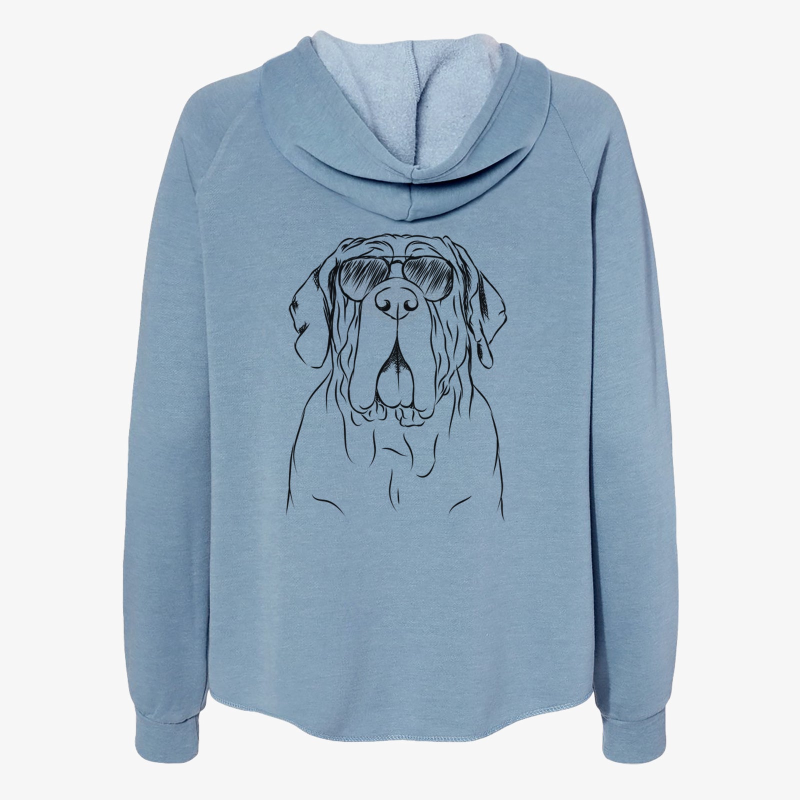 Hand-drawn sketch of Dinah the Neapolitan Mastiff wearing aviator sunglasses on a Misty Blue Women's cali wave zip-up sweatshirt